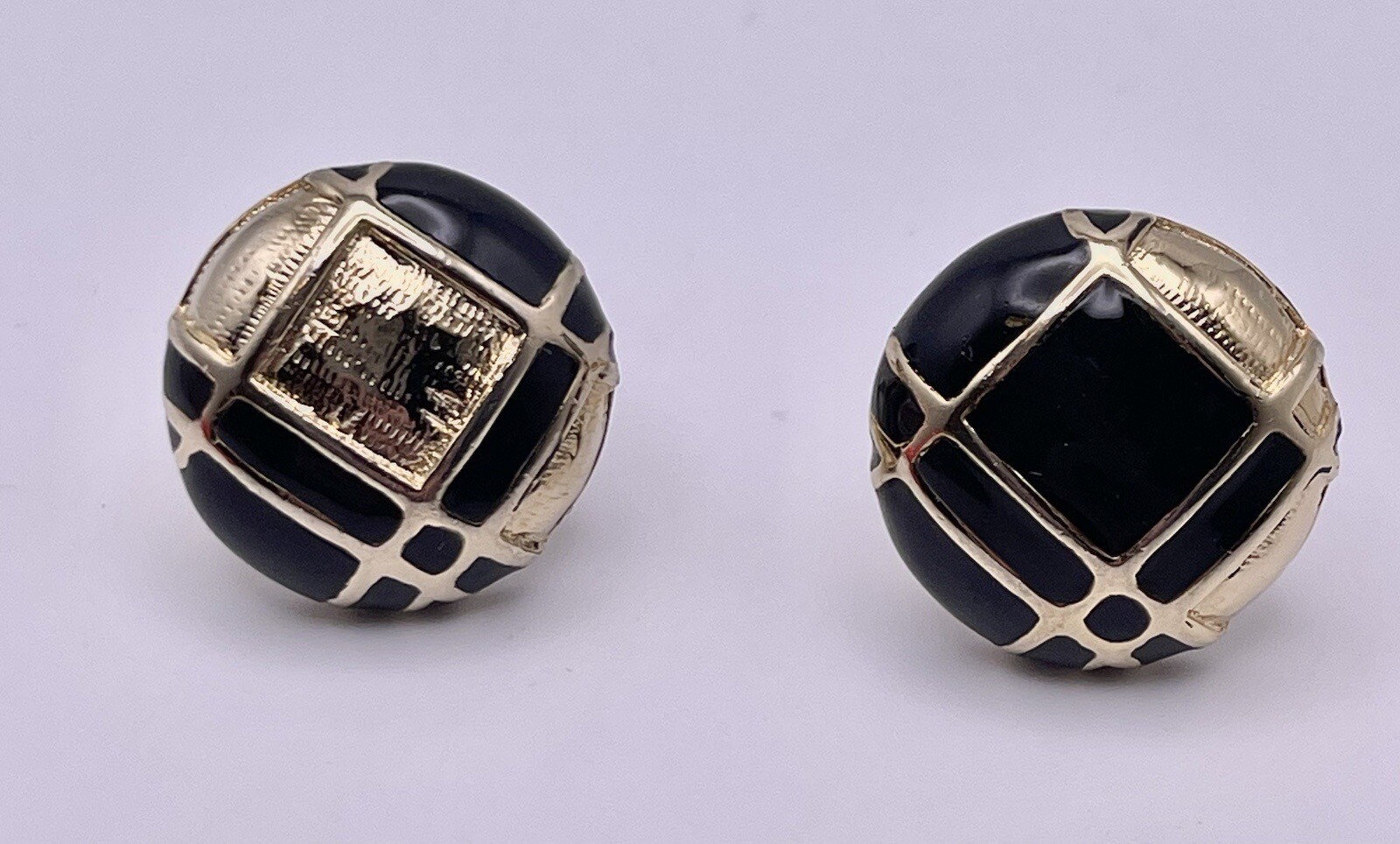 Vintage Orena Paris Round Gold Tone w Black Enamel Clip On Earrings