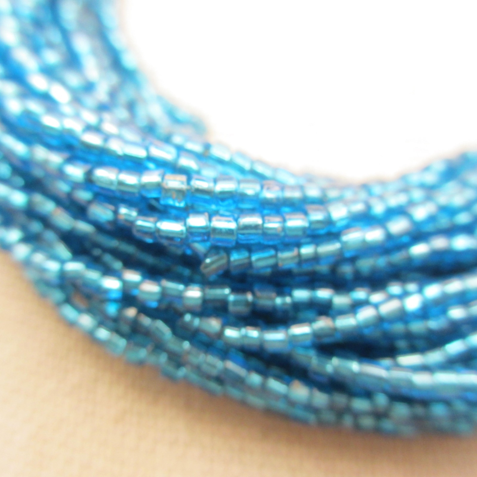 Vtg Glass Sead Bead Necklace Rhinestone Clasp Blue Multistrand Gold Tone 15 Inch