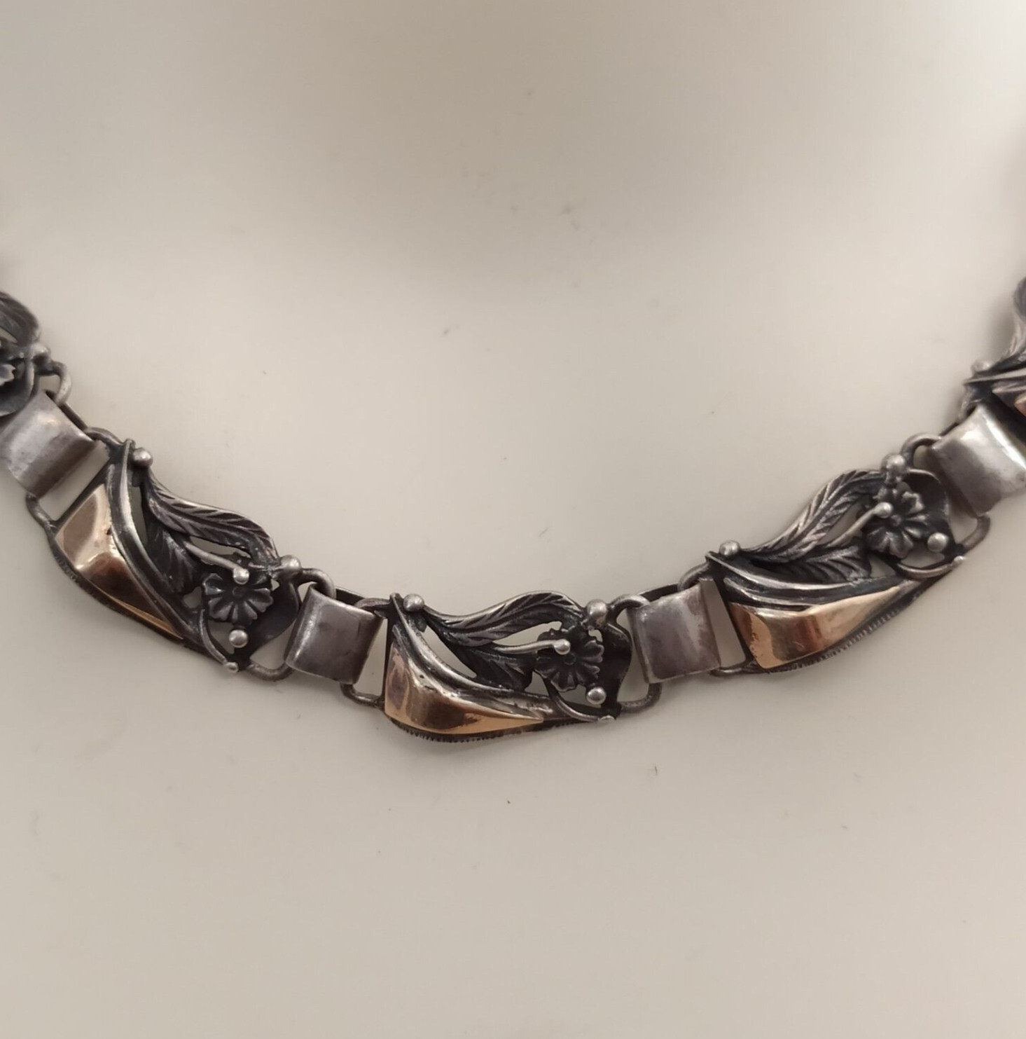 Vintage Silver Gold Necklace Bicolor Articulated Art Deco Revival Links 90s 925