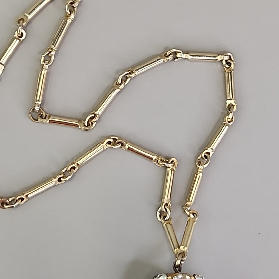 Vintage Rhinestone Ball Necklace Gold Tone Bar Link Chain 19″