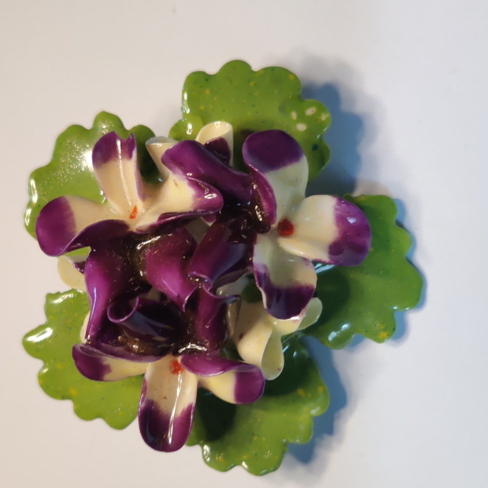 Cara China Porcelain Flower Brooch Pin Green Purple Cream Made in England