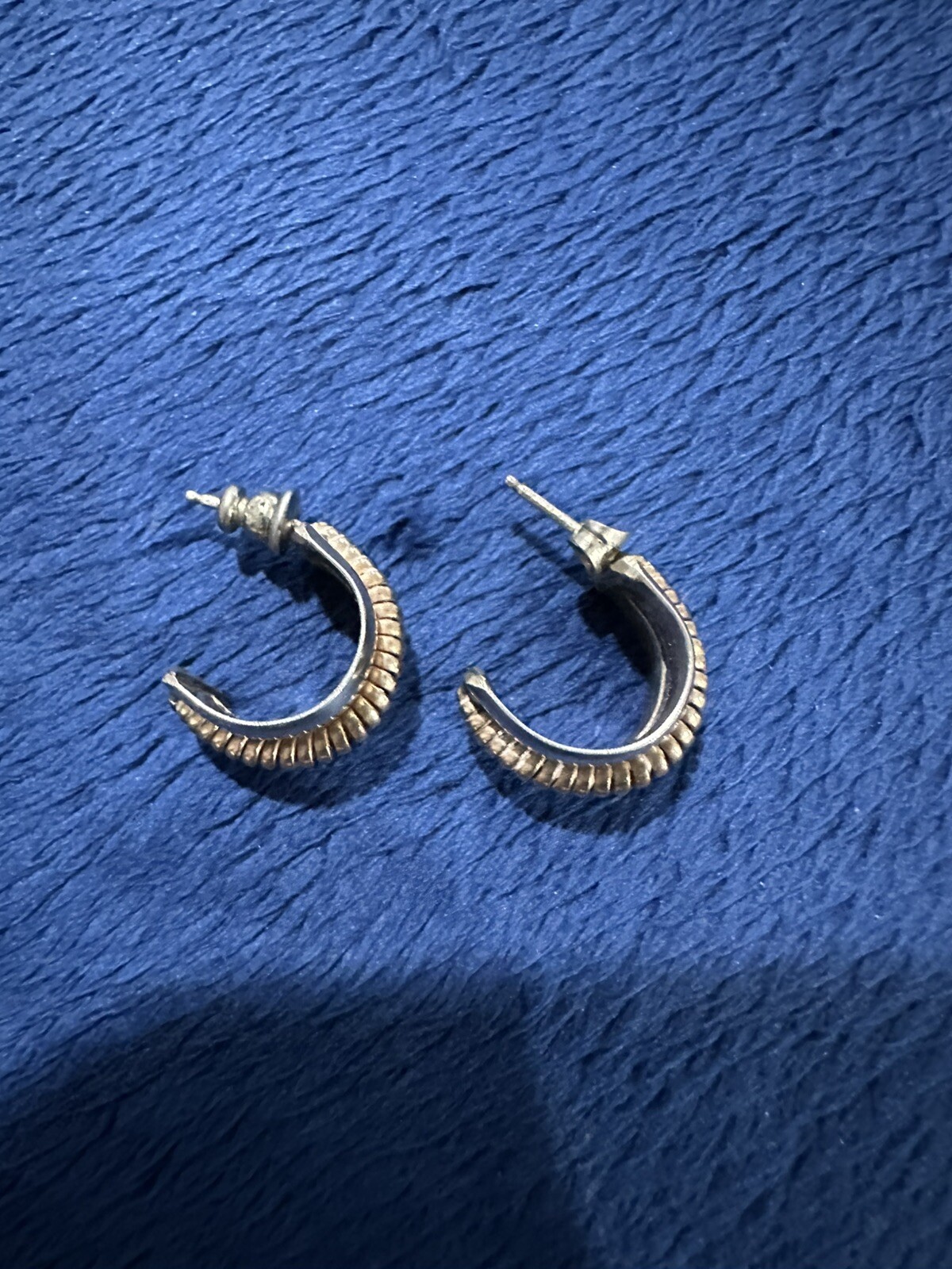 Vintage Two Tone Sterling Silver 925 & Brass Huggie Earrings, 17.5mm Long.