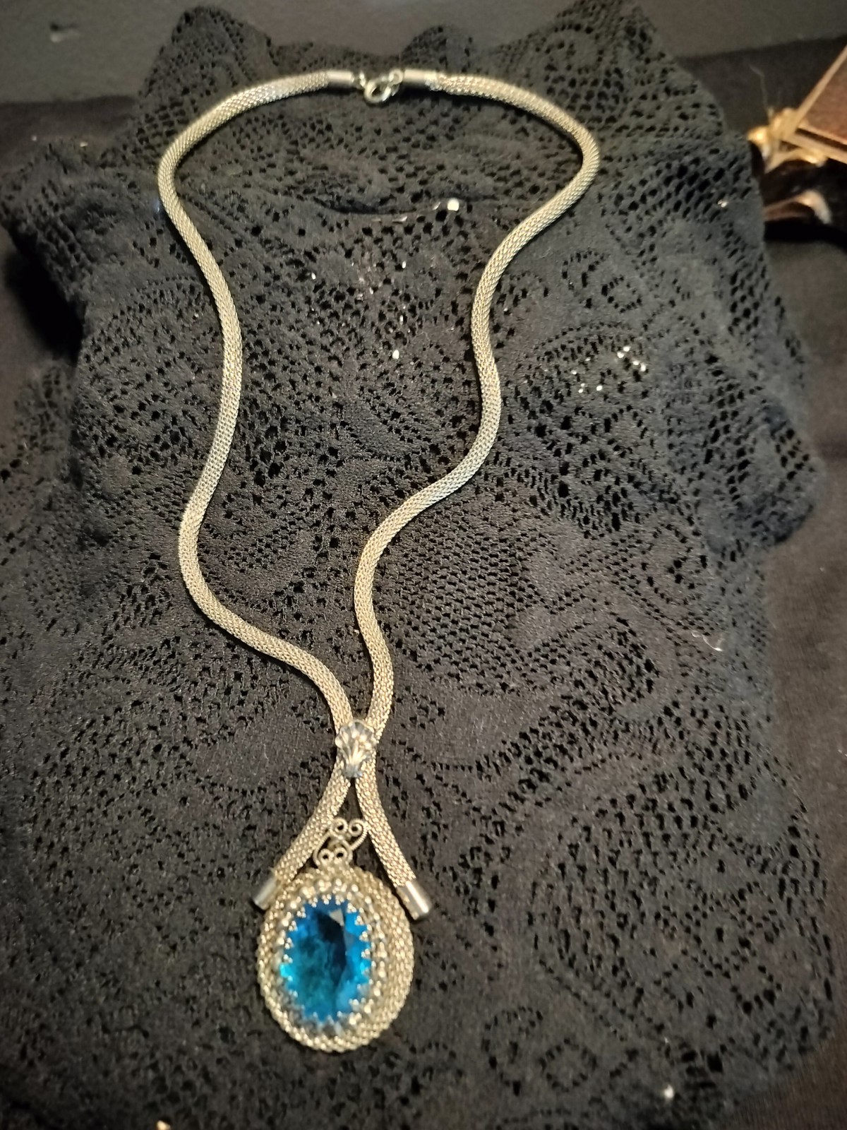 Vintage silver chain necklace with ornate blue oval glass pendant, 60s-80s style