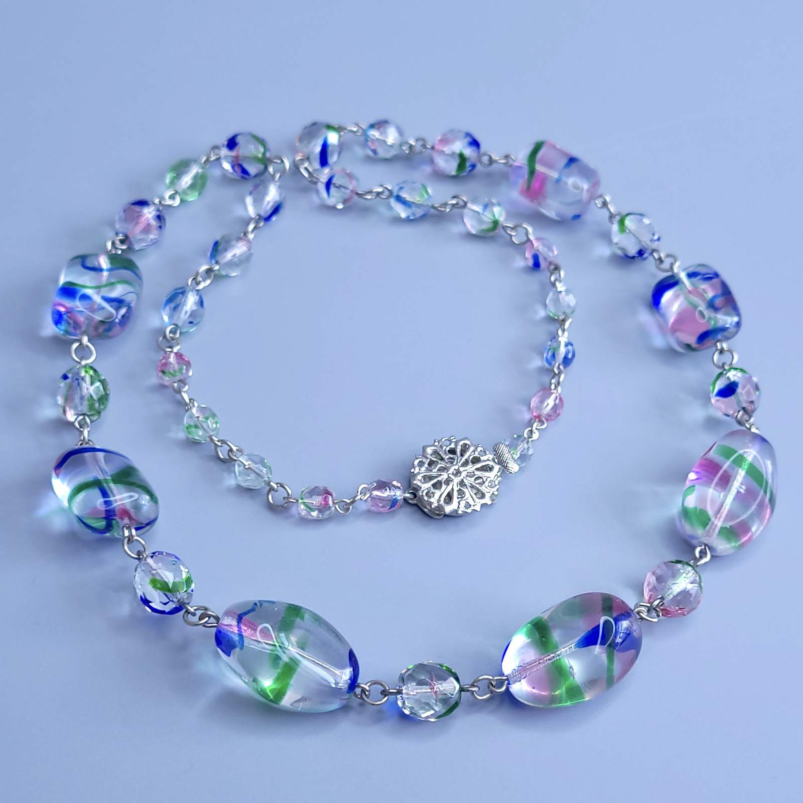 Iris Glass Necklace 24” Multicolor Czech Vintage Beads Women`s Jewelry