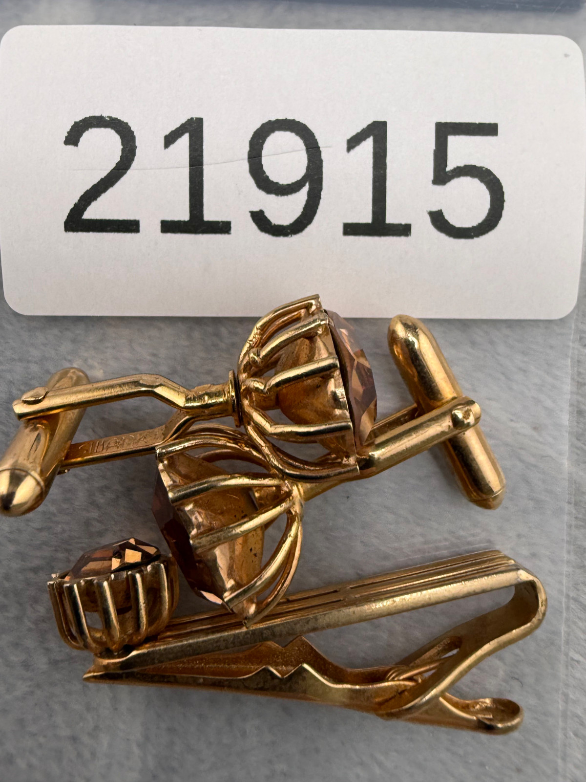 Vintage Swank Cufflink Tiebar Clip Set Gold Tone Rhinestone Sign