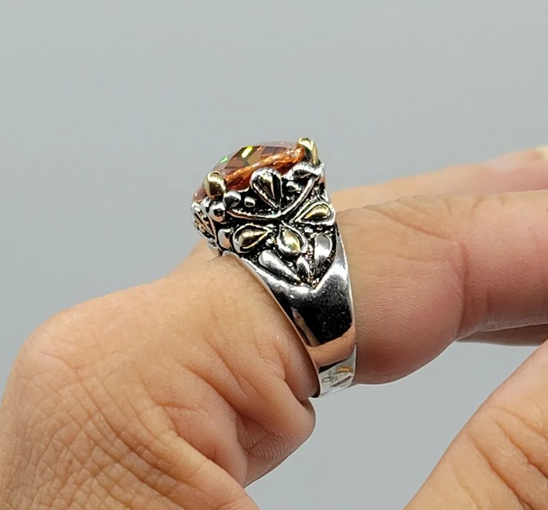 Vtg Sz 8 Ring Lg Citrine Topaz Cubic Zirconia Renaissance Flower Theme Jewelry