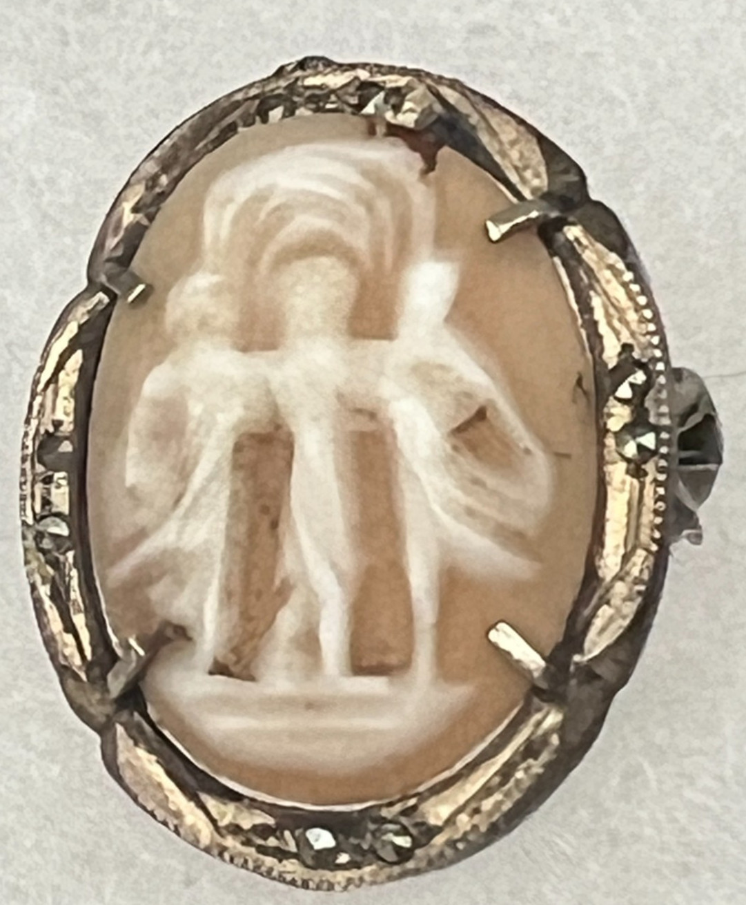 Antique 800 Silver Shell Cameo Three Graces Marcasite Brooch Pendant c1930