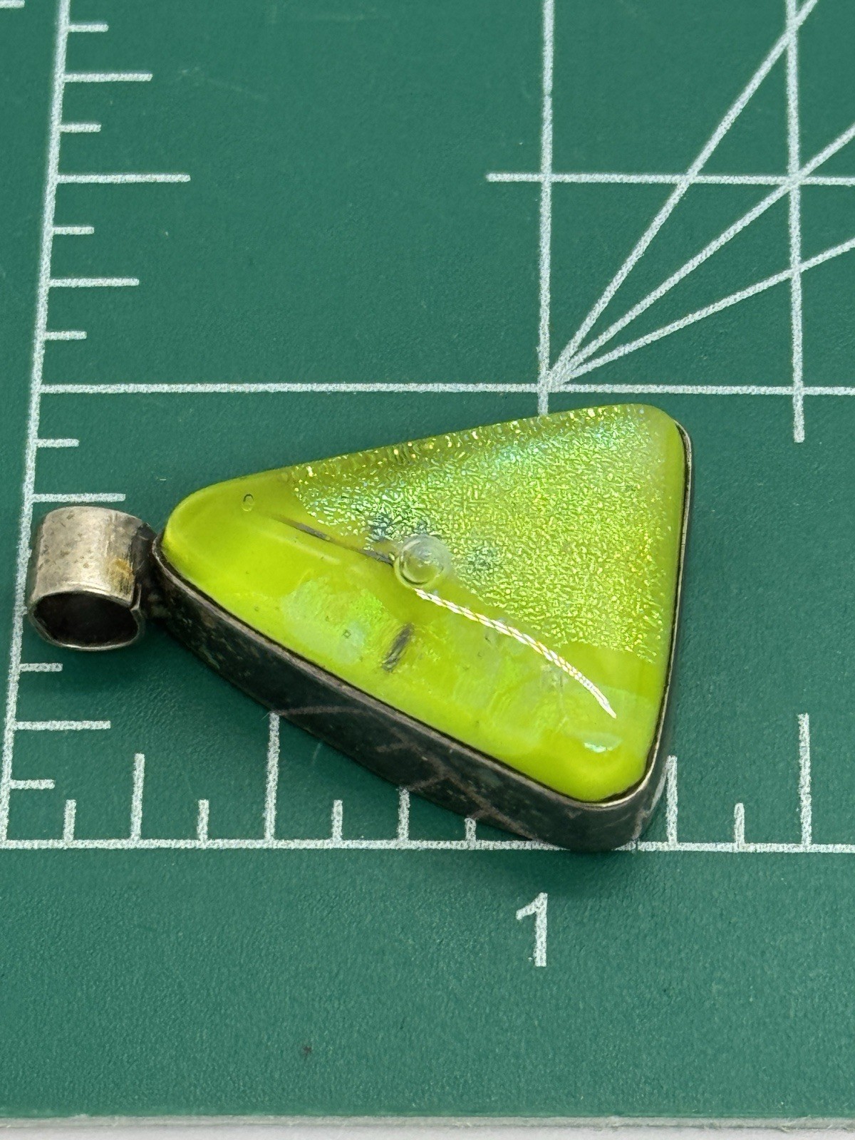 Sterling Silver Fused Lime Green Glass Pendant Triangle 1 1/4″