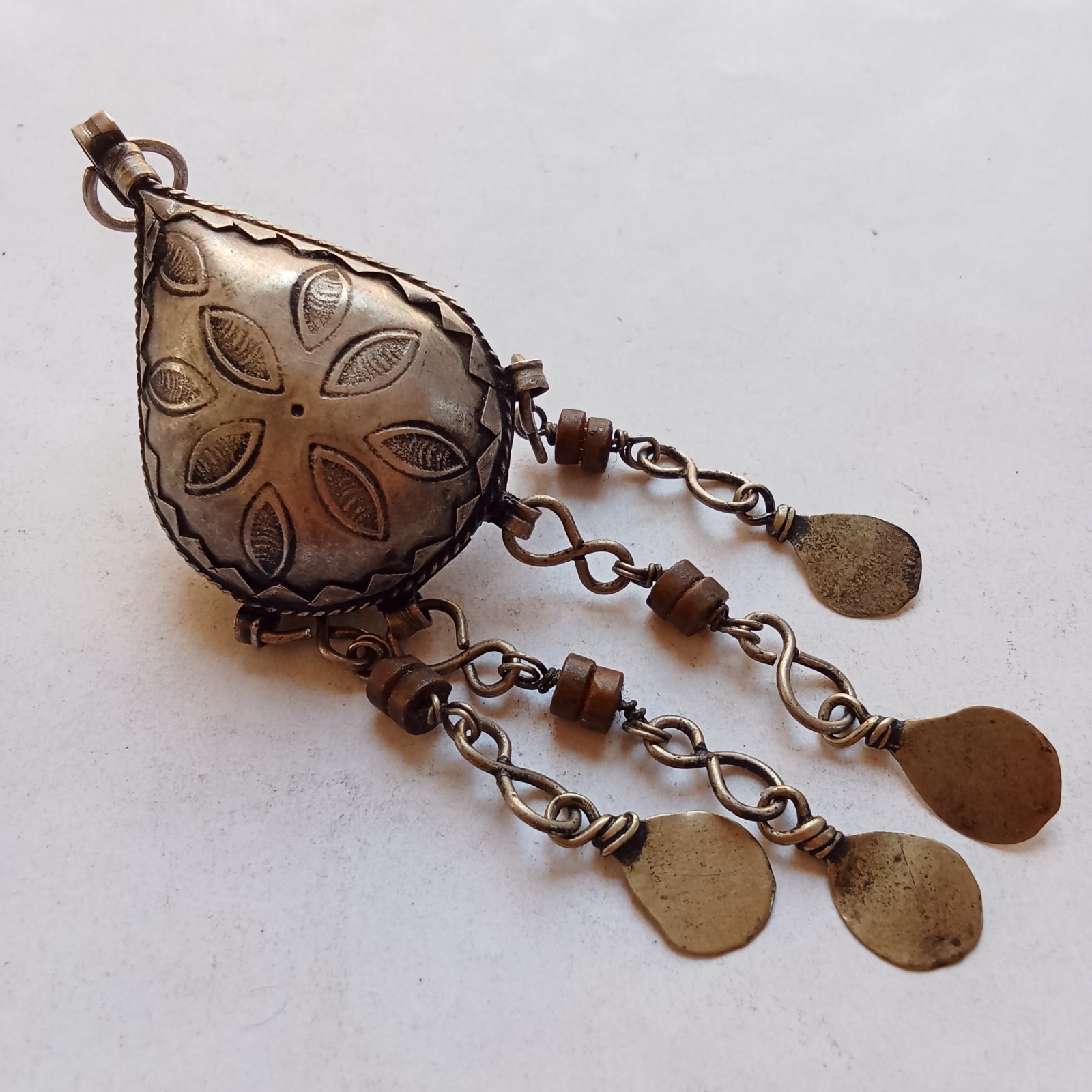 Antique Silver Tone Bedouin Prayer Box Necklace Dangle Bells