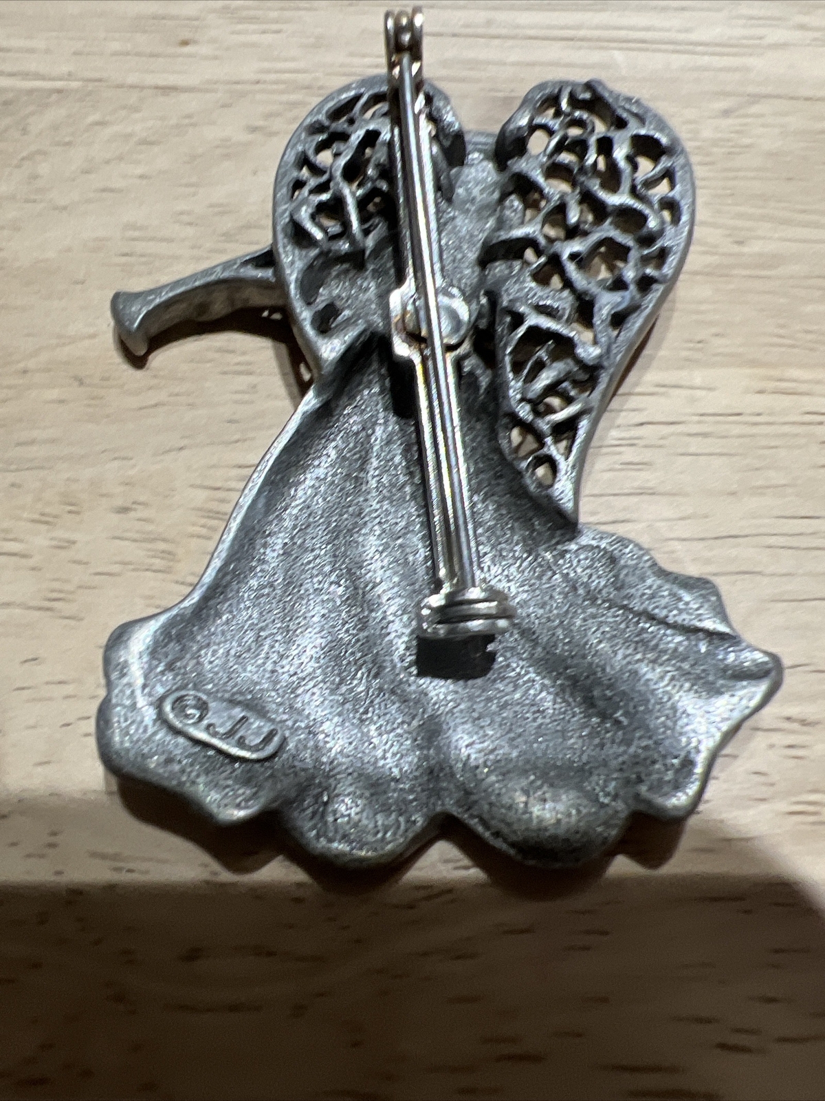JJ Jonette Pewter Angel Brooch Pin Rhinestone Jewelry Vintage, Christmas.