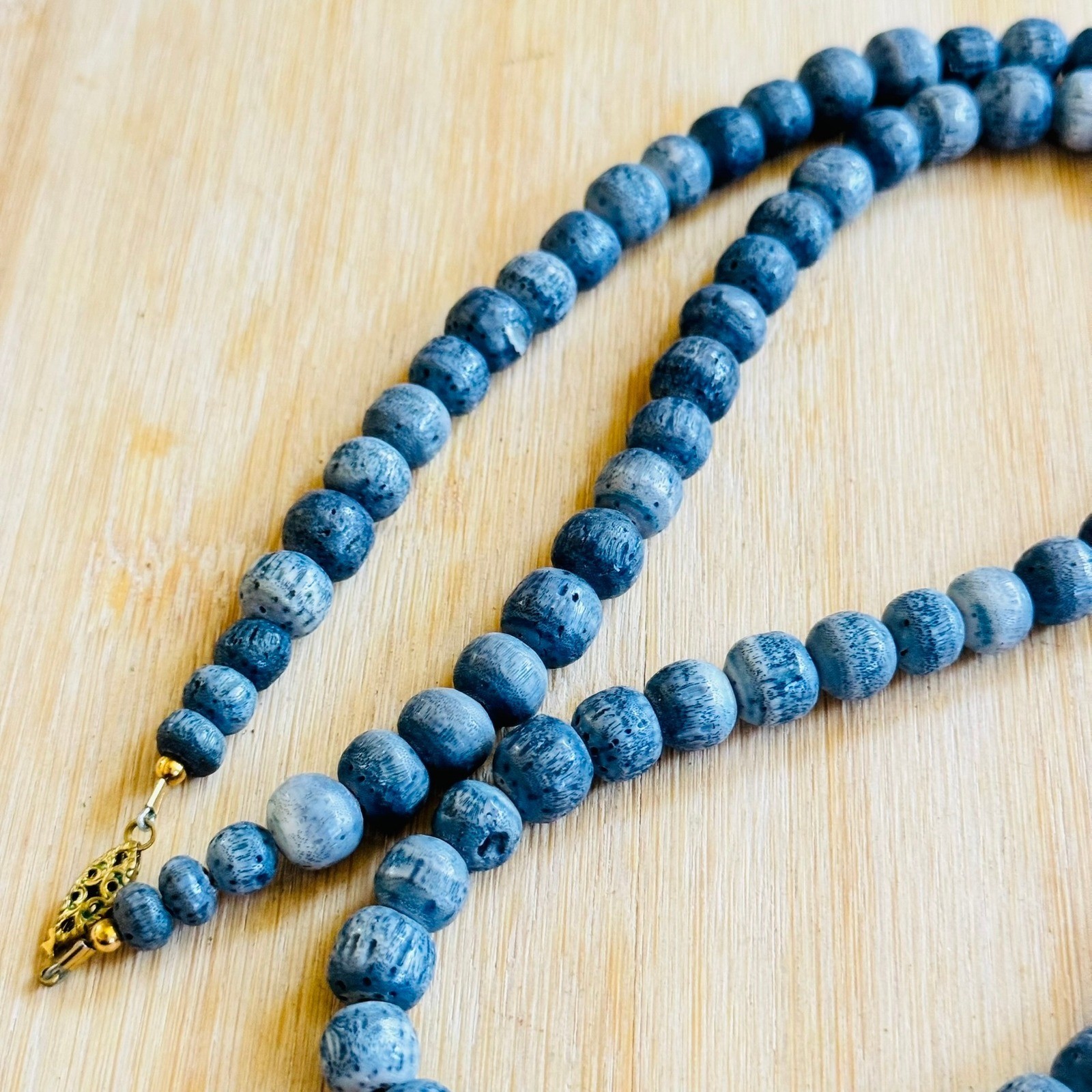VTG Blue Sponge Coral Beaded Necklace BOHO Genuine Real Round Beads 86g 30″