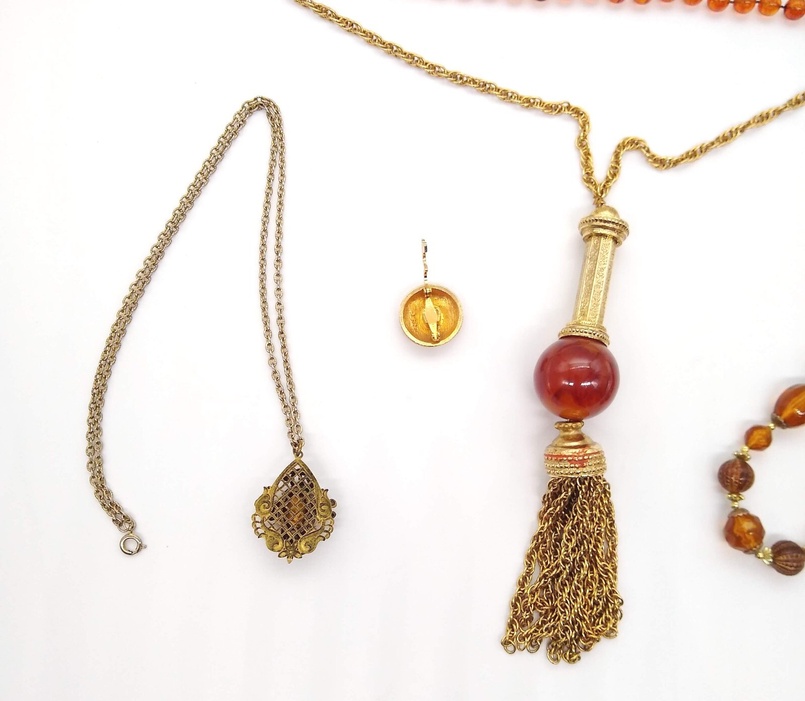 Amber Honey Topaz Color Beads Necklaces Lot of 6 Gold Tone Tassel Filigree Vinta