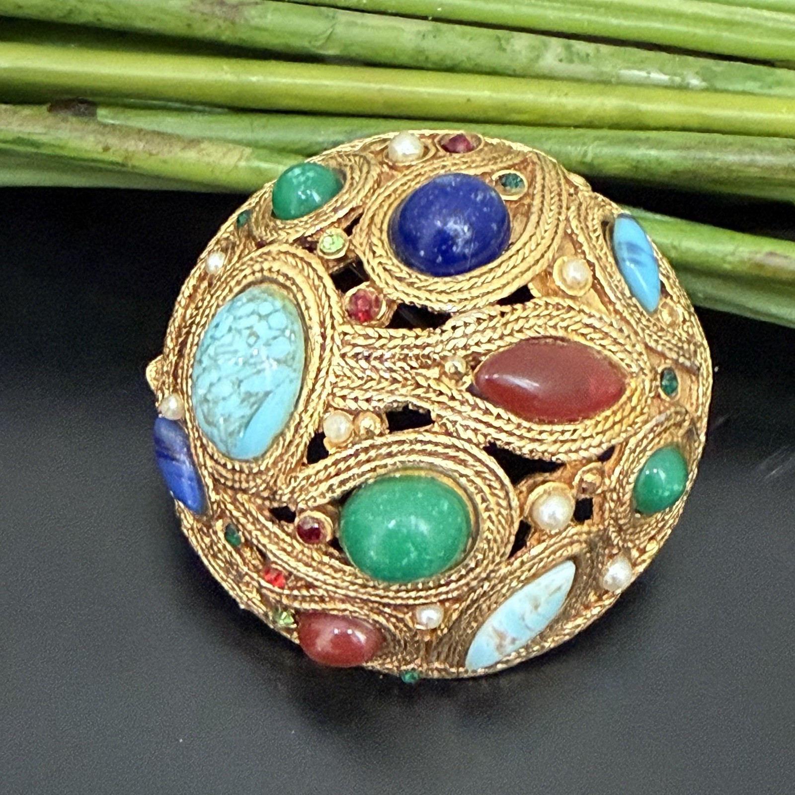 Vintage La Roca Style Multicolor Bejeweled Gemstones Gold-tone Dome Brooch 44g.