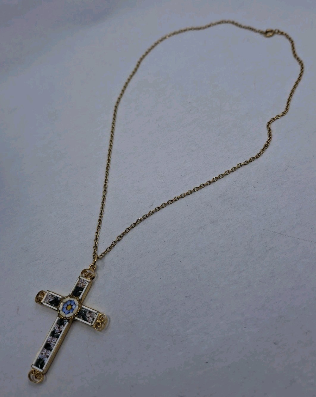 Vintage Italian Signed Micro Mosaic Gold-Plated Filigree Cross Pendant Necklace