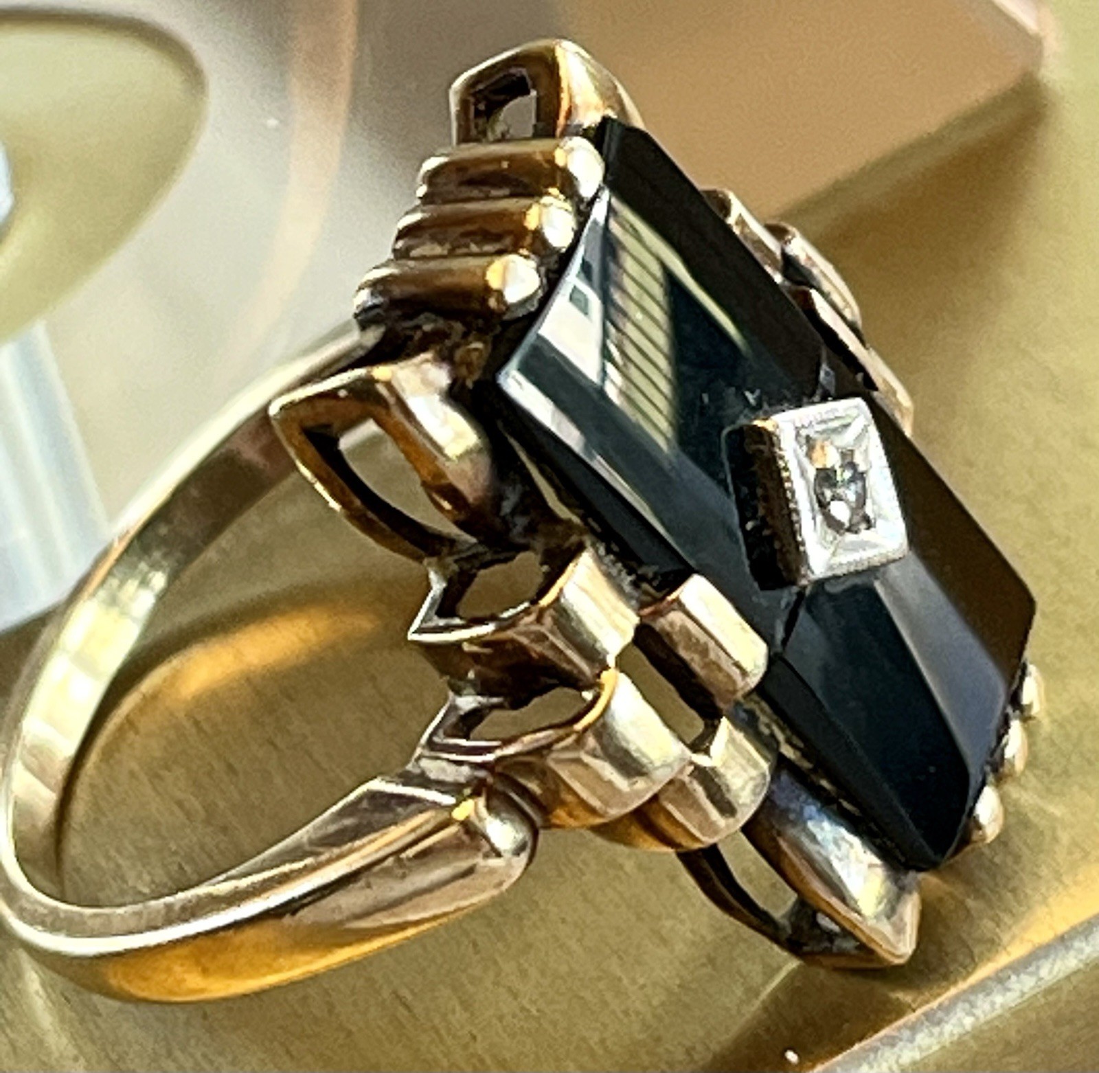 🖤 Antique Art Deco Large Rectangle Black Onyx & Diamond 10k Yellow Gold Ring 6