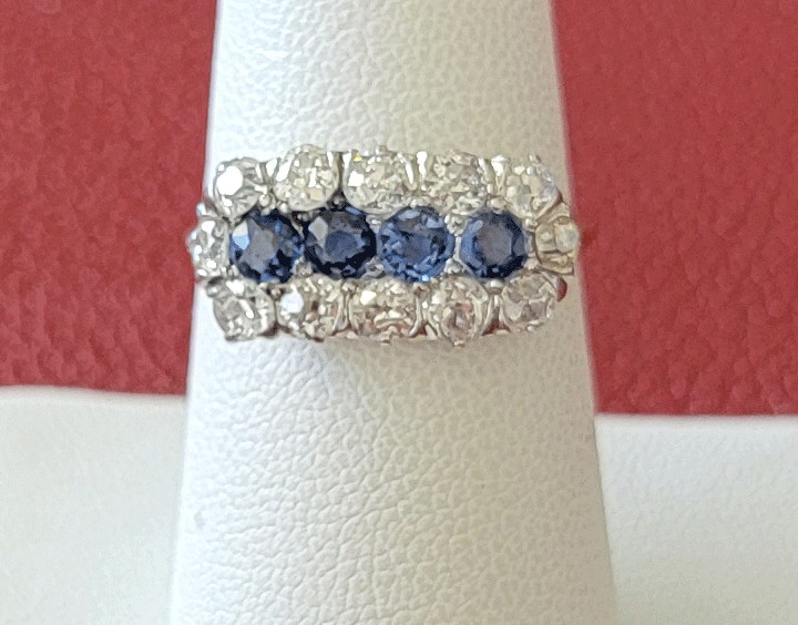 Antique Old European Cut Diamond & Blue Sapphire 14K Gold & Platinum Ring