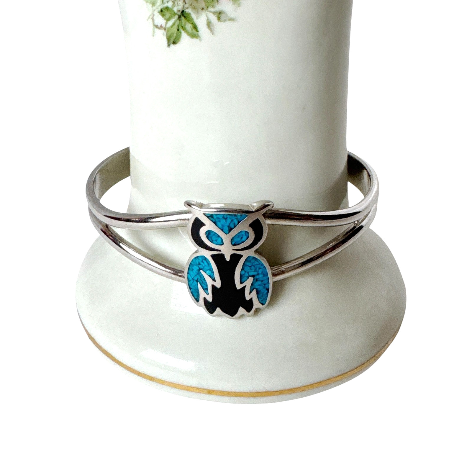 Vintage Silver Tone Owl Turquoise Chip Inlay Cuff Bracelet ~ 7″