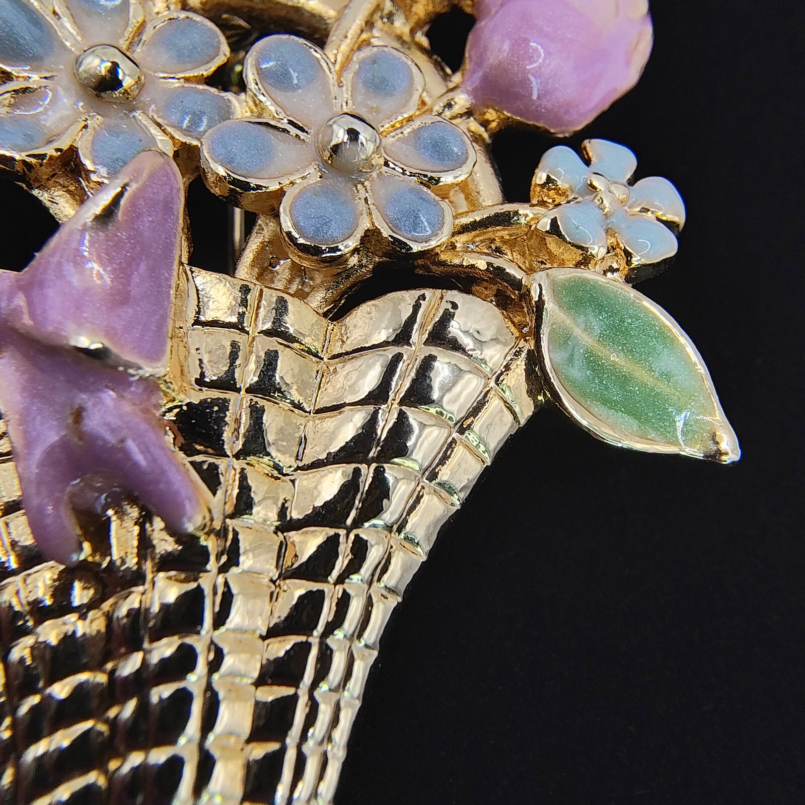 Vintage Flower Basket Brooch Pin Colorful Enamel Gold Tone Cottagecore