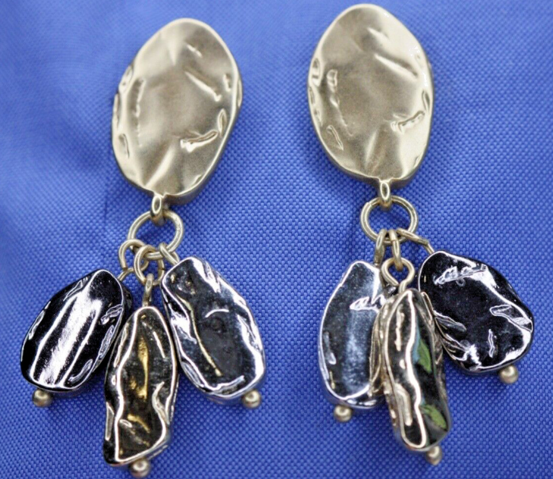 Hammered Tri-Tone Gold Silver Hematite Dangle Drop Beaded Pierced Post Earrings