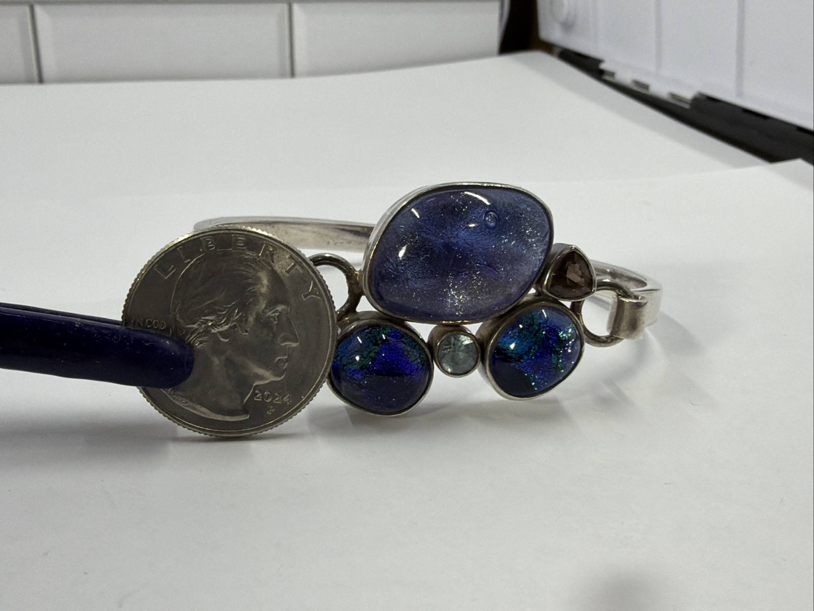 Artisan Sterling Silver 925 Dichroic Glass Bracelet Hook Closure Blue Green Pur