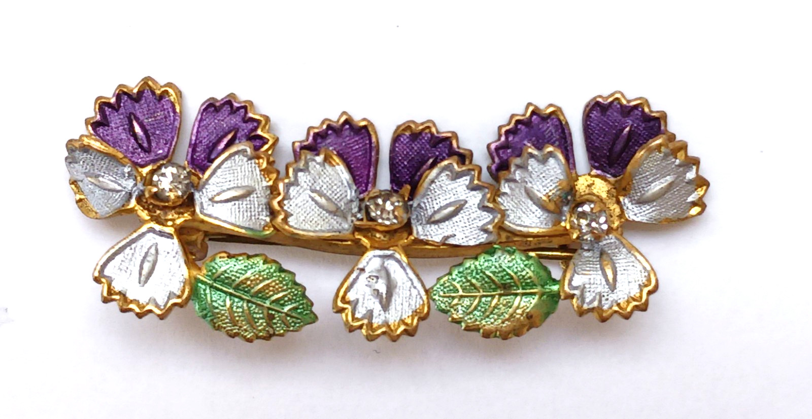 Antique Bar Pin ~ Enamel Pansy Flowers Rhinestones “C” Clasp
