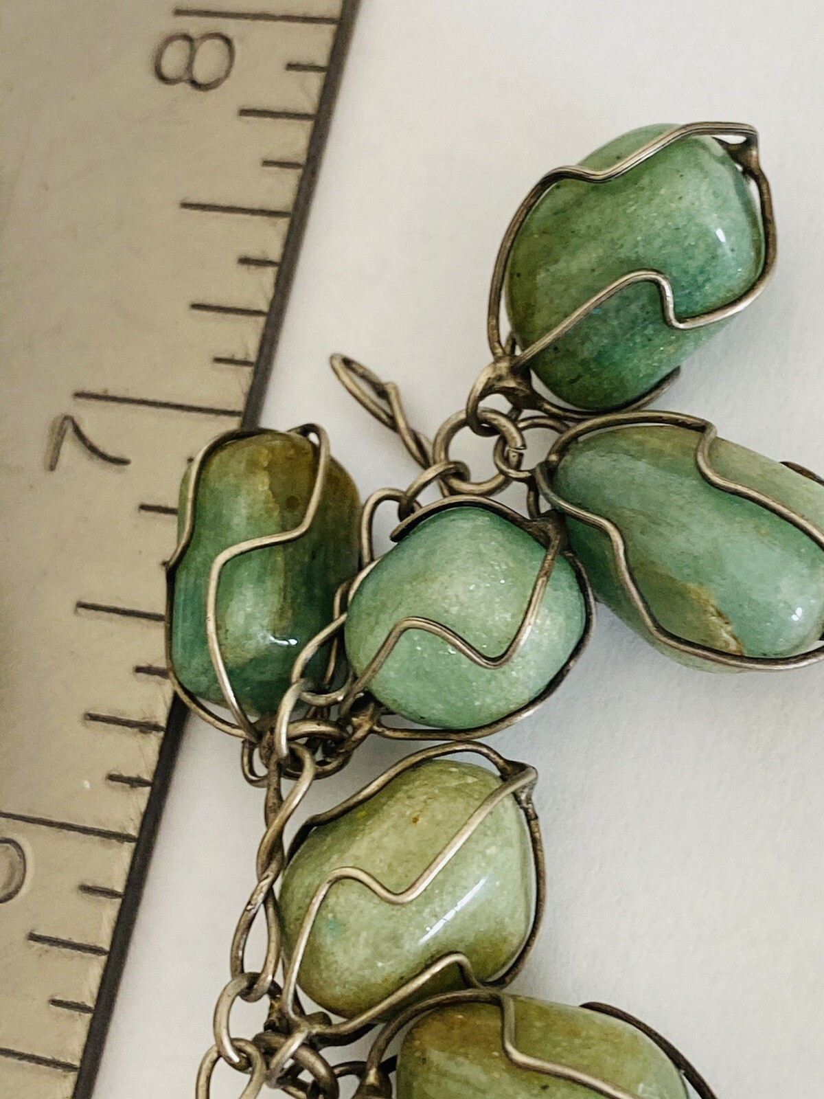 Vintage Sterling Silver Green Jade Tumbled Stone Wire Wrap Link Bracelet 7”