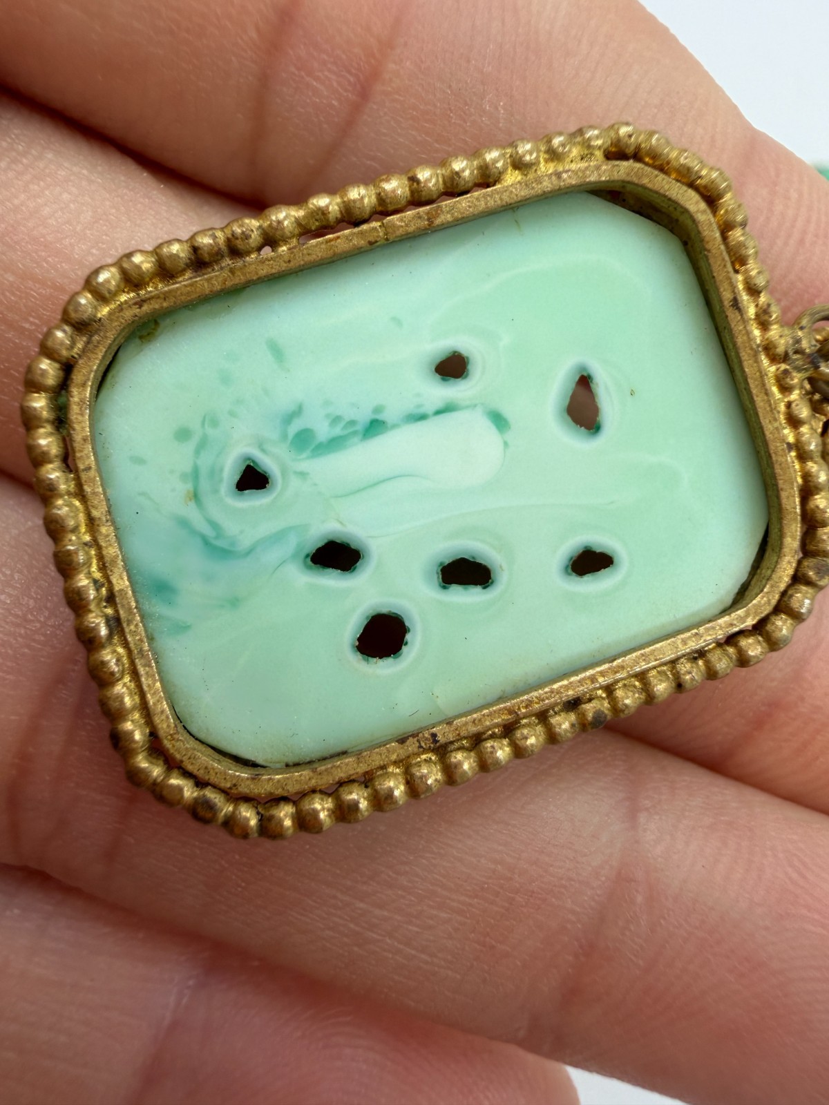 Vintage Necklace Art Deco Green Art Glass Bird Brass Asian Pendant Filigree PJ