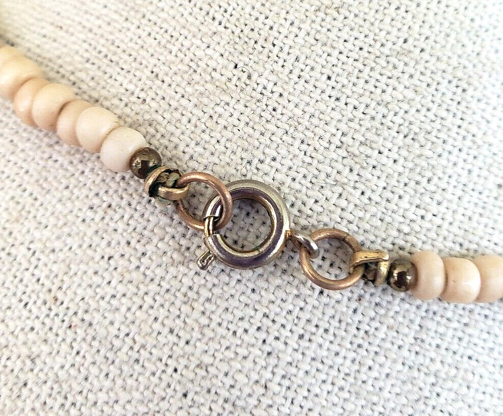 Vintag Nut Seed Cork Beige Glass Bead Choker Necklace 15″ Spring Ring
