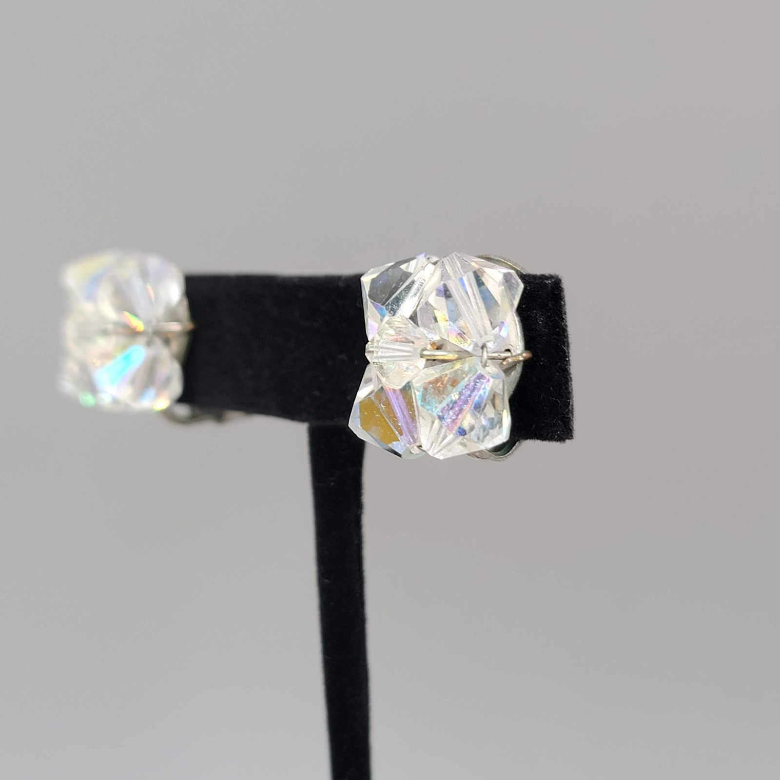 Vintage AB Bicone Cluster Bead Clip on Earrings Studs 3/4″