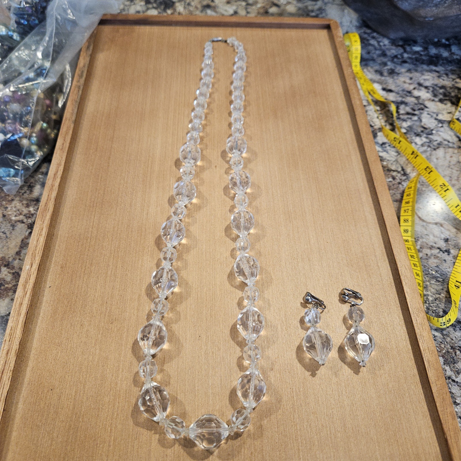 Vintage Retro Clear Lucite Faceted Graduated Round Beads Necklace Earrings Set