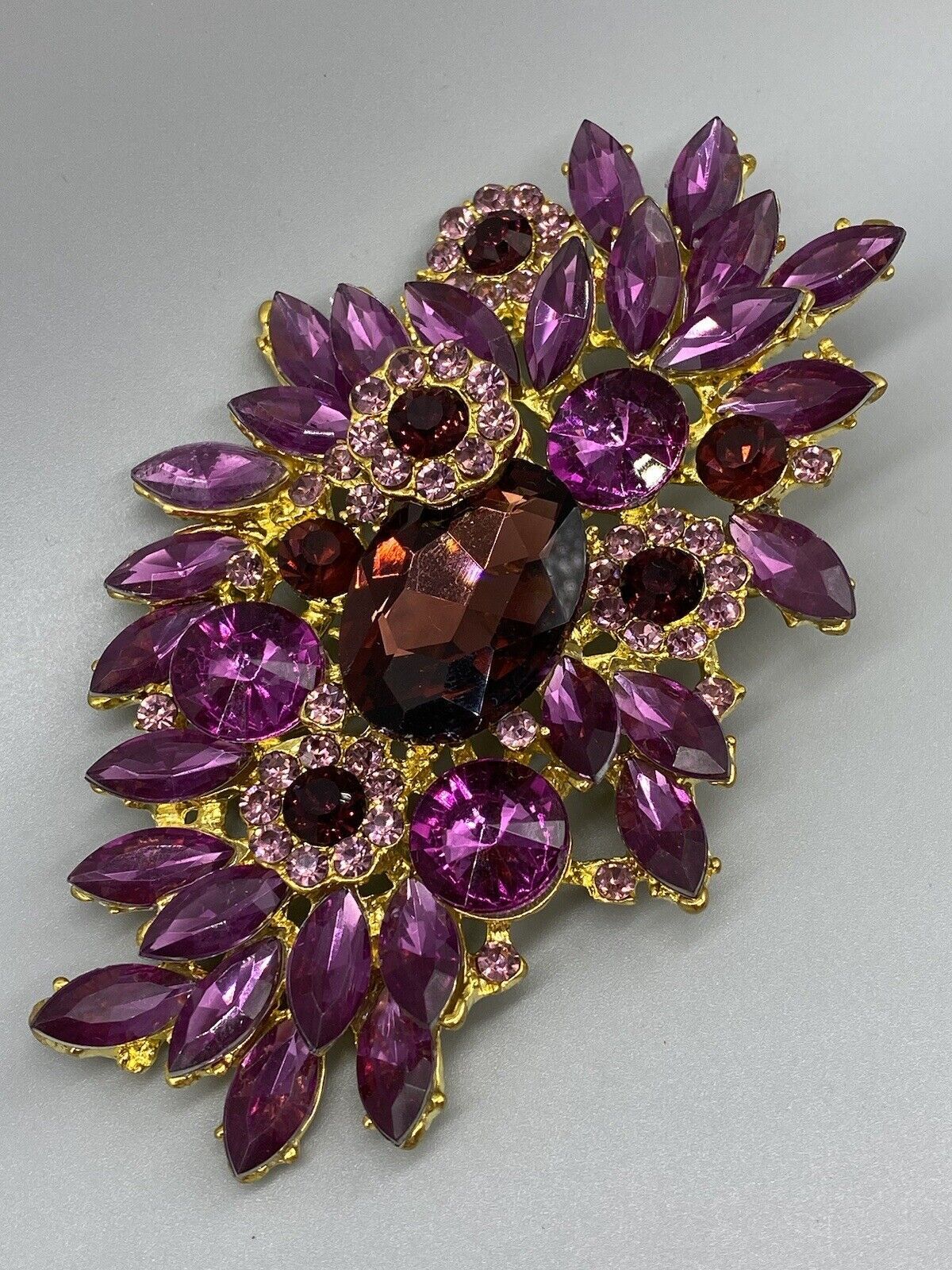 Gold Tone Purple Pink Fuchsia Red Big Rhinestone Large Flower Floral Pin Brooch