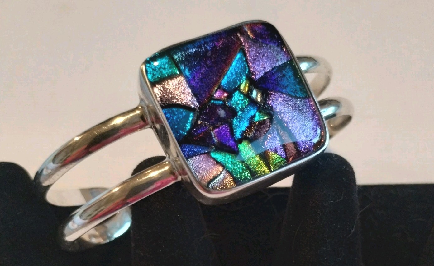 Handmade Small Purple Blue Dichroic Glass Sterling Silver Cuff Bracelet 6.5in