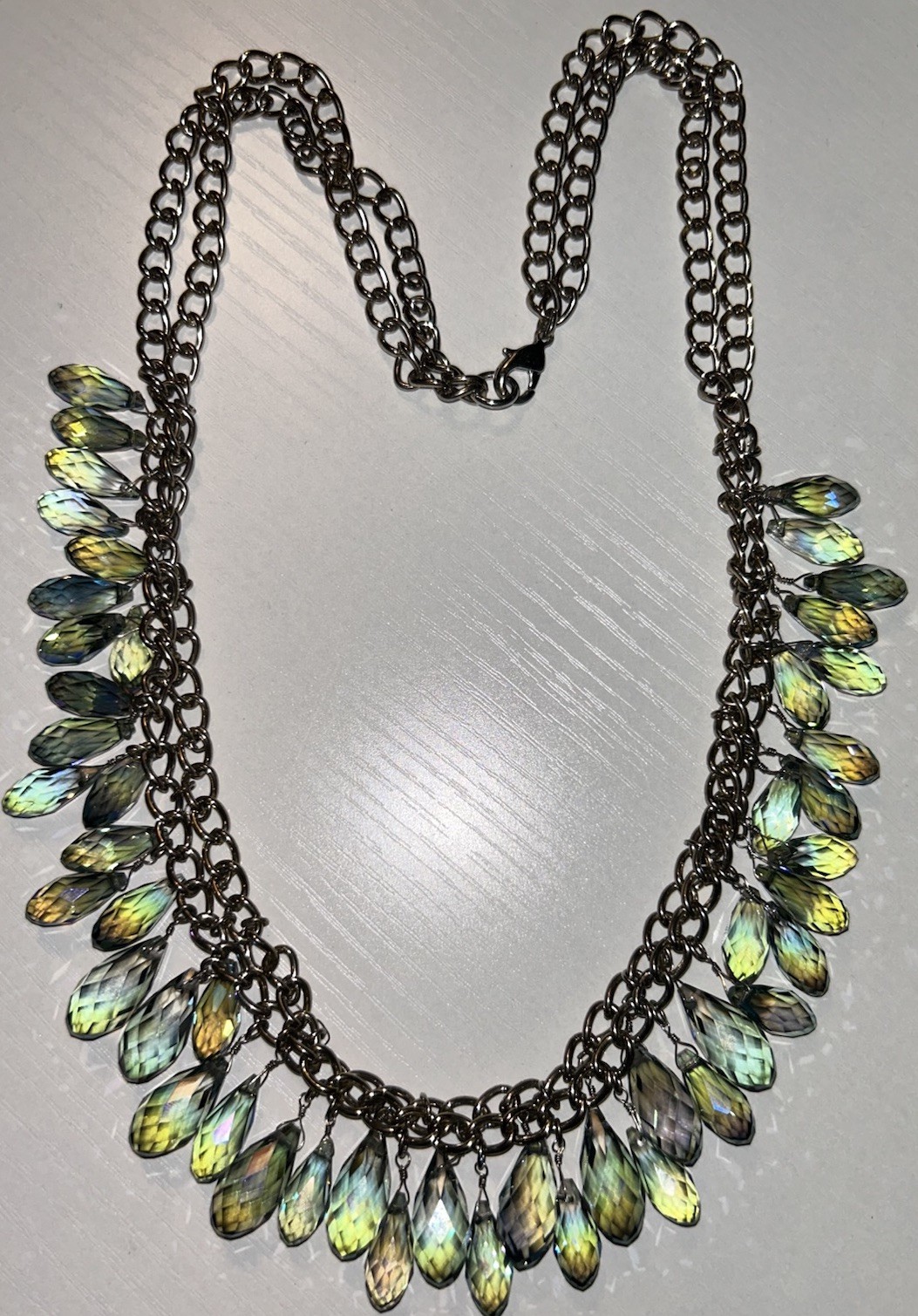 Vintage AB Crystal Teardrop Fringe Necklace Iridescent Glass Statement Bib 26”