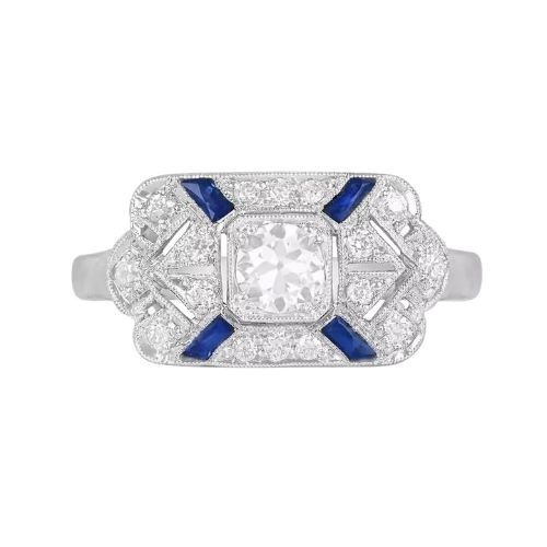 Art Deco Style Sterling Silver CZ & Blue Sapphire Accents Ring – Size 7
