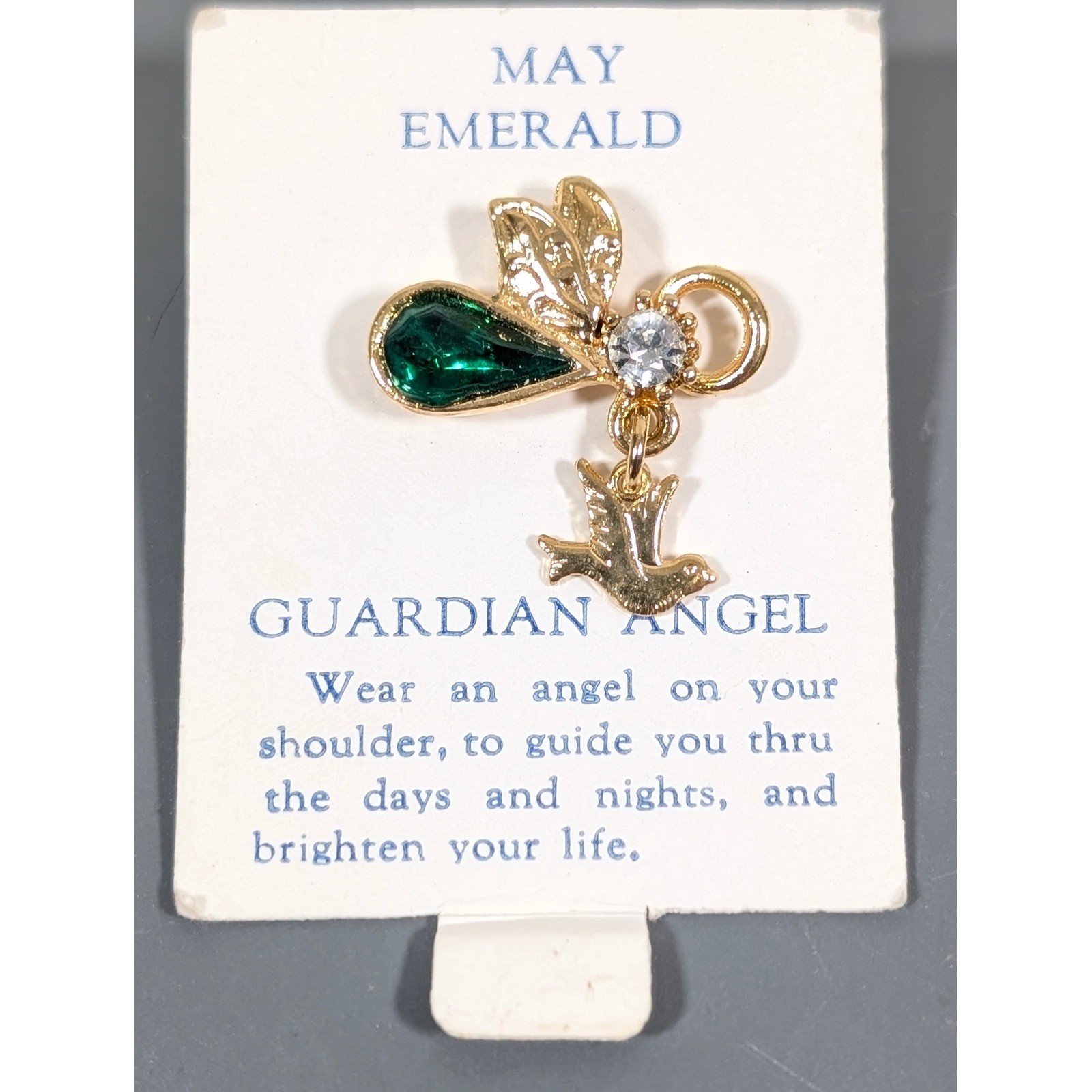 Vintage Guardian Angel Dove Pin May Emerald Birthstone Gold Tone Lapel Tack