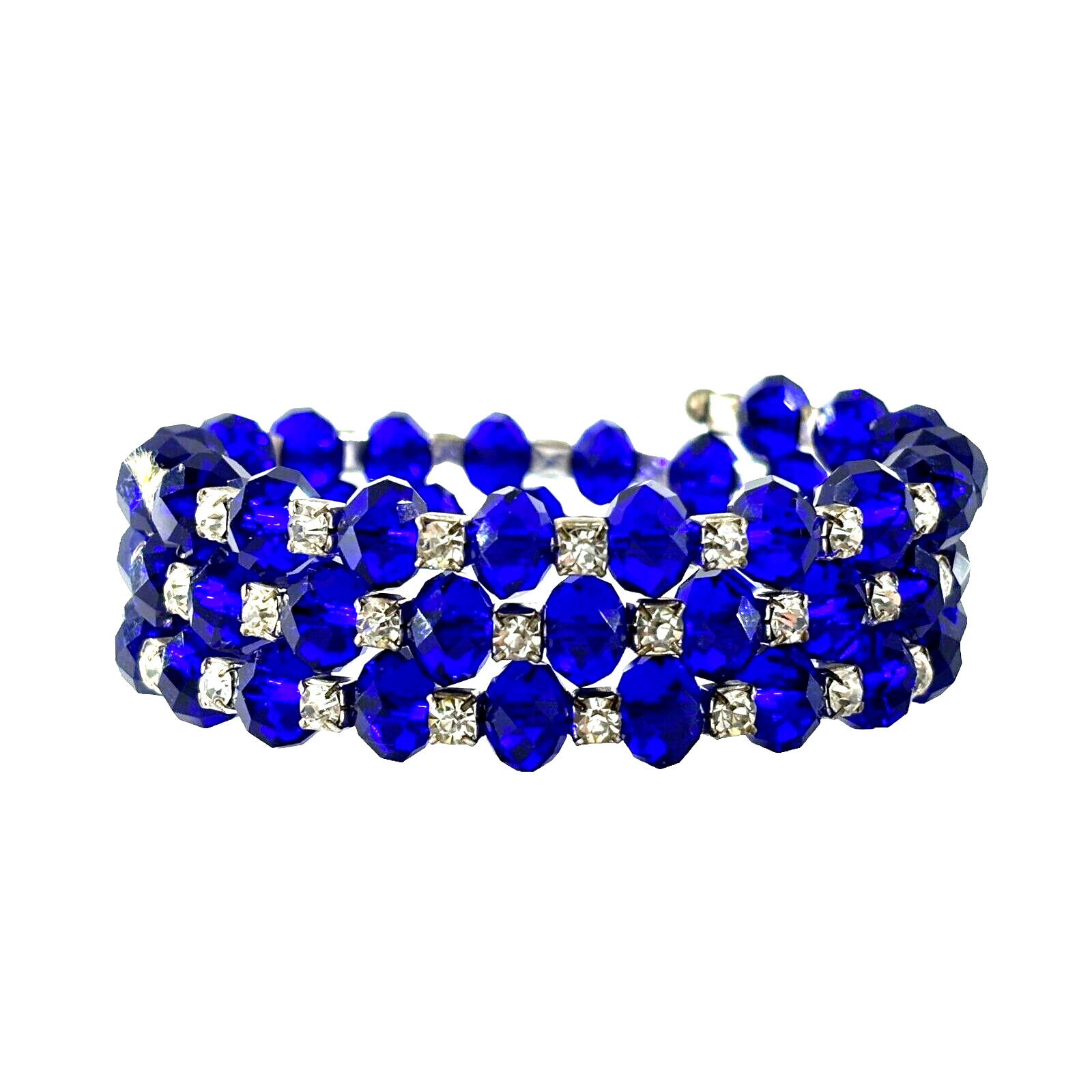Vintage Multi Strand Crystal Bracelet Blue with Clear Rhinestone Stretch Wrap