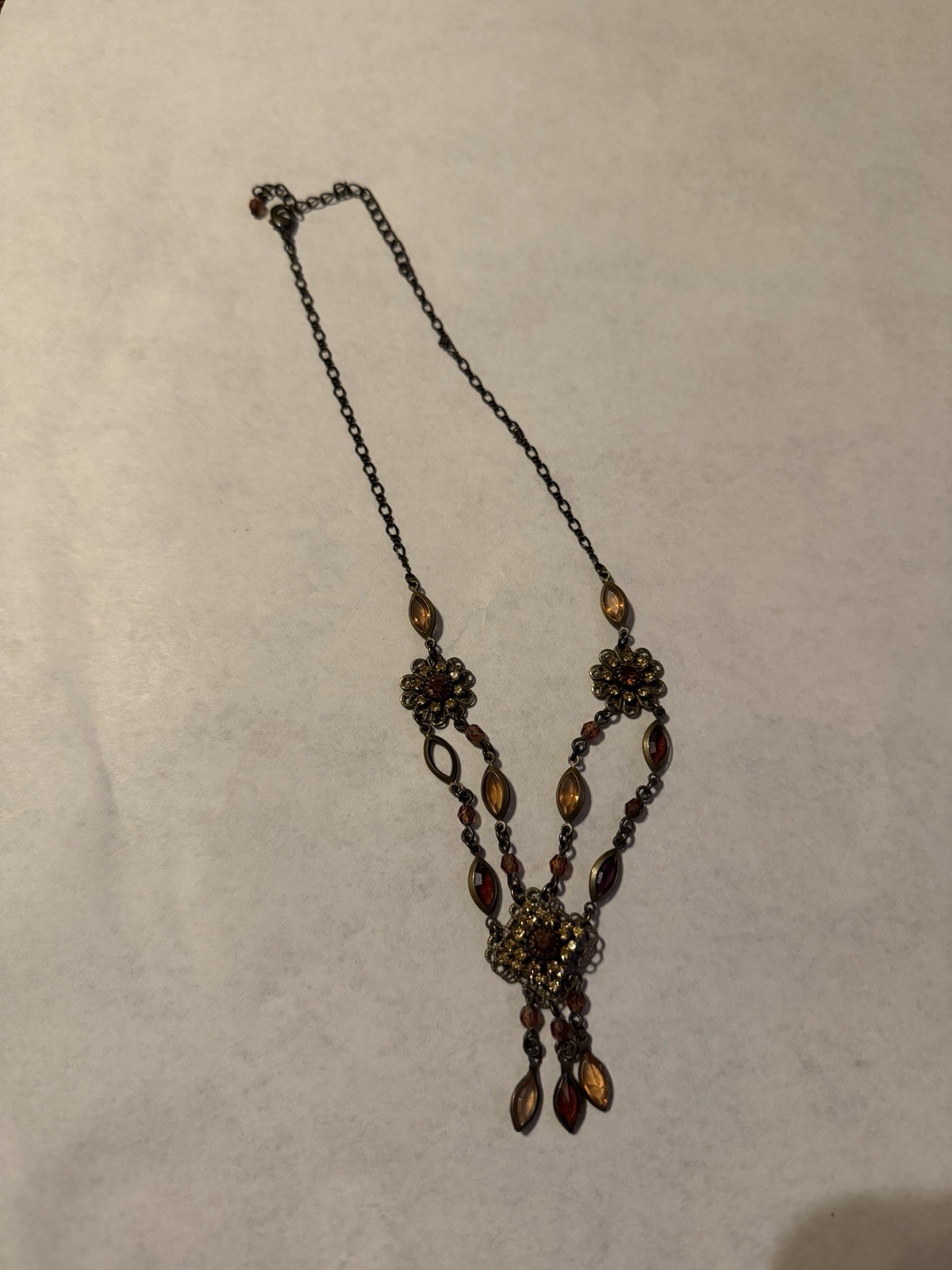 Vintage Avon Rhinestone Filigree Necklace Bronze Tone Victorian Art Deco Boho