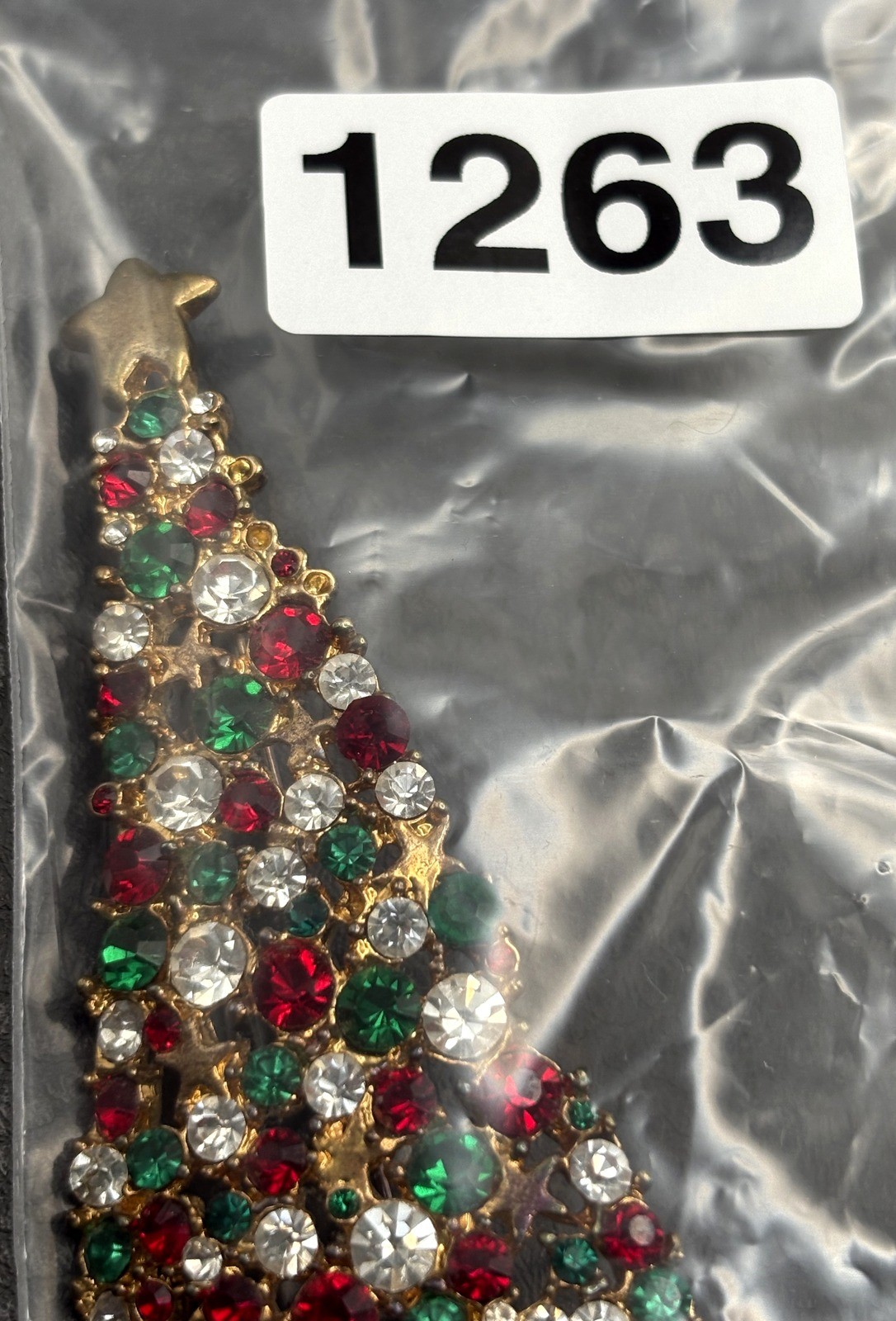 Vintage Large Gold Tone Christmas Tree Brooch Red Green Clear Rhinestone Pin