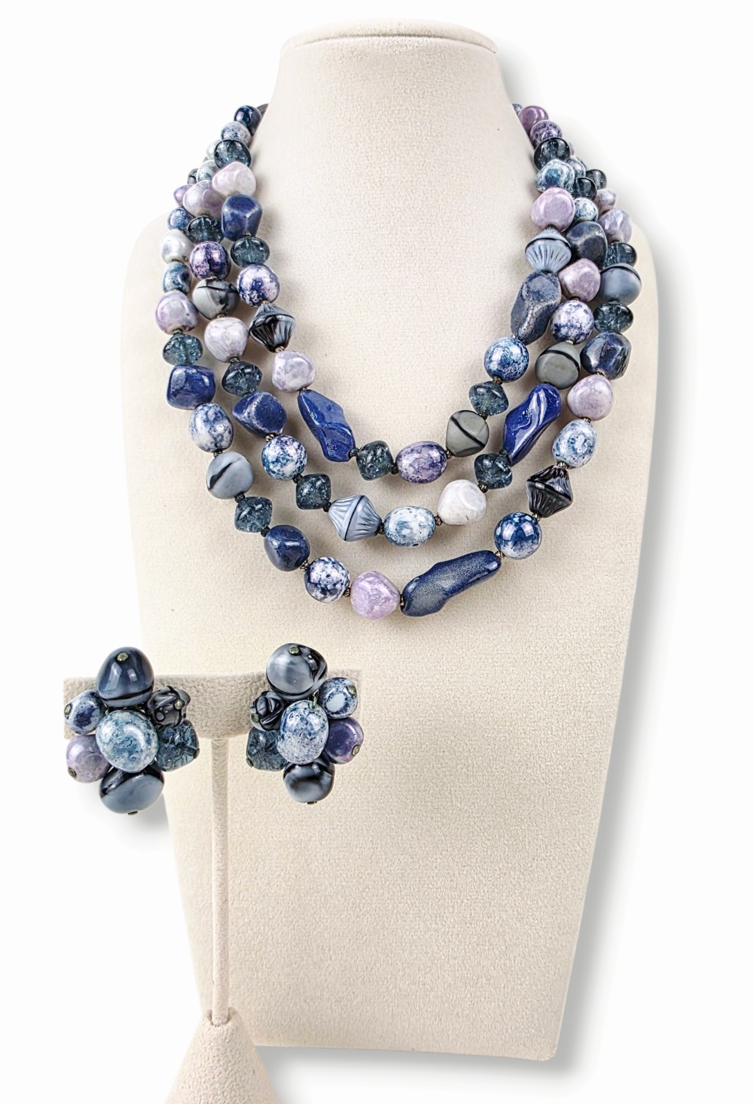 Vintage Hattie Carnegie 3 Strand Natural Stone Necklace & Matching Clip Earrings