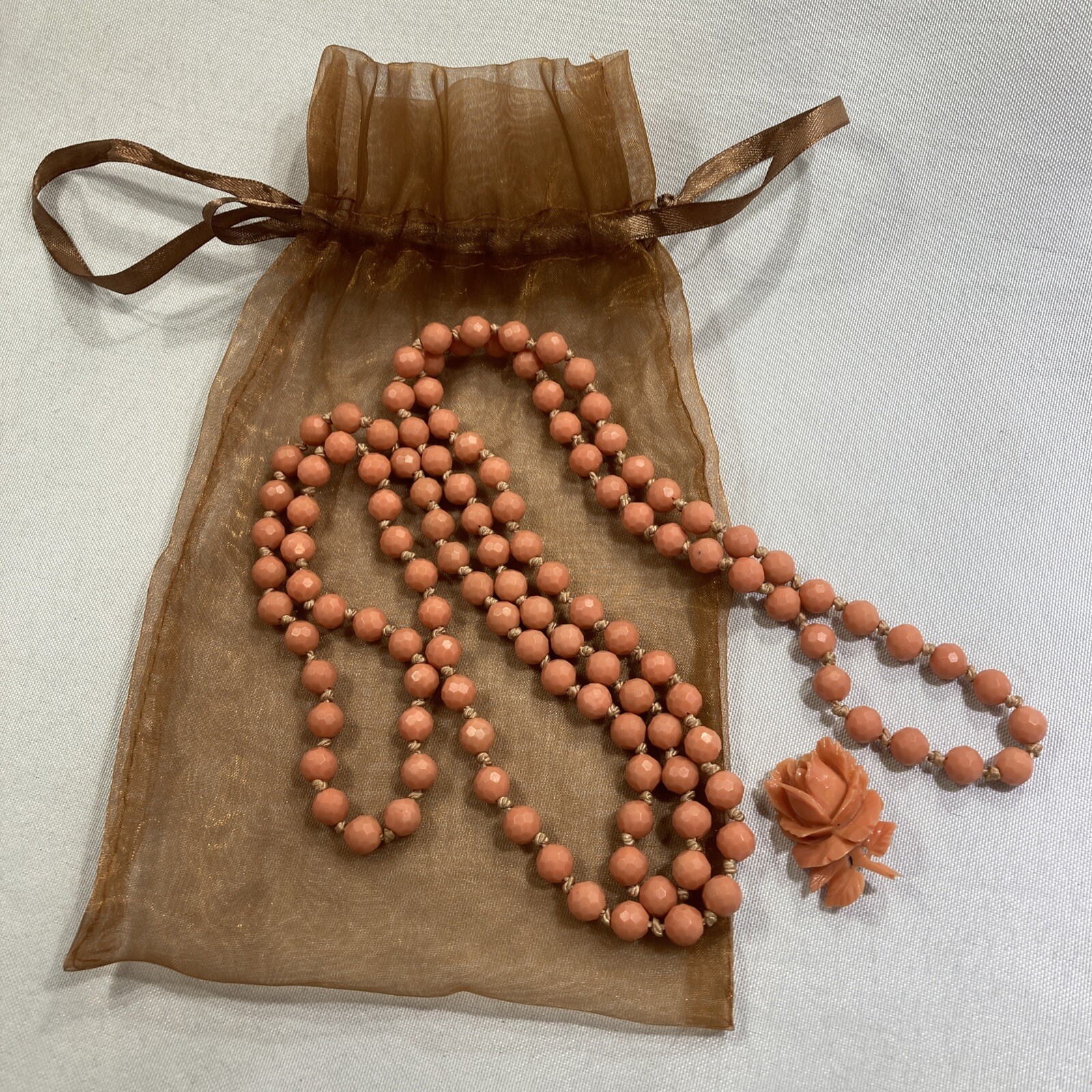 VTG 1950s 26” Necklace & Pin Hand Tied Faceted Beading Salmon Color Plastic Cmp