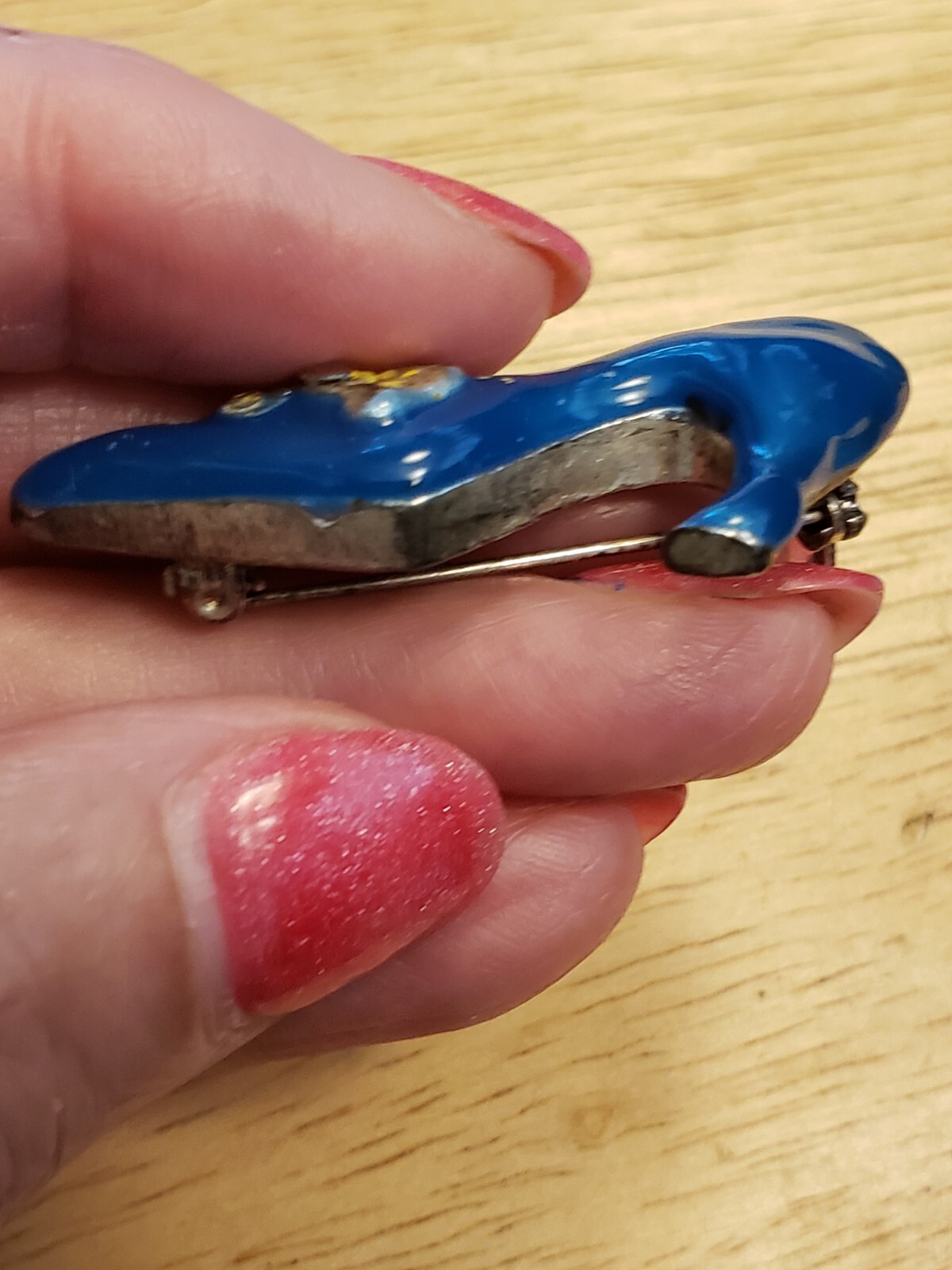 Vintage, High Heel Shoe Pin with Blue Enamel & Rhinestone Bow 1 1/2” across