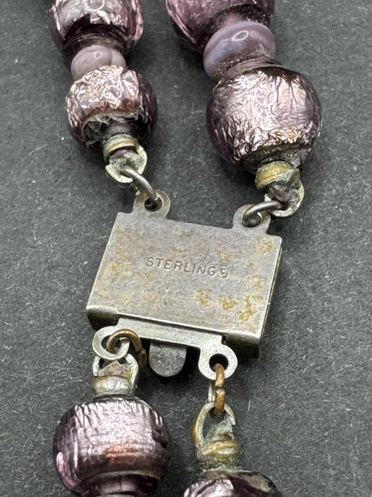 Vintage RARE Collectors MURANO FOILED GLASS BEAD Sterling Clasp Double Necklace