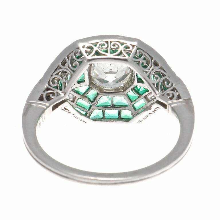 Featuring a 0.96CT Old European Cut CZ With Vivid Green Emerald 1.86CT Deco Ring