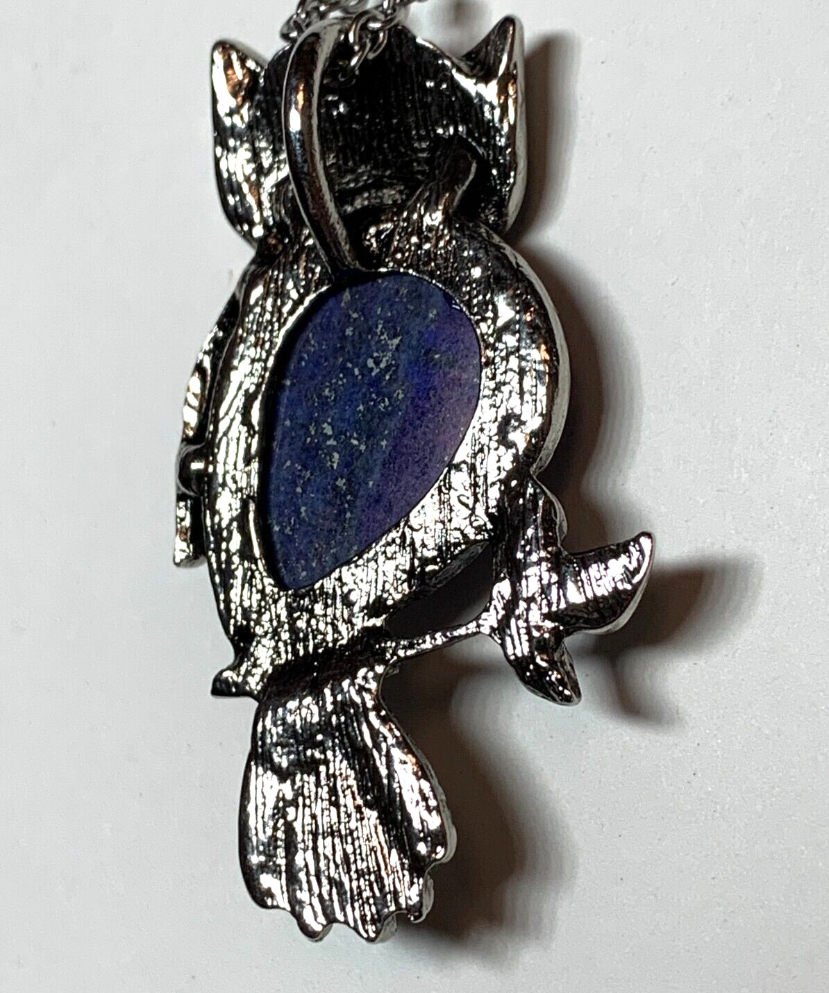 Lapis Lazuli Owl Pendant Glass Rhinestone Eyes Stainless Steel Chain Necklace