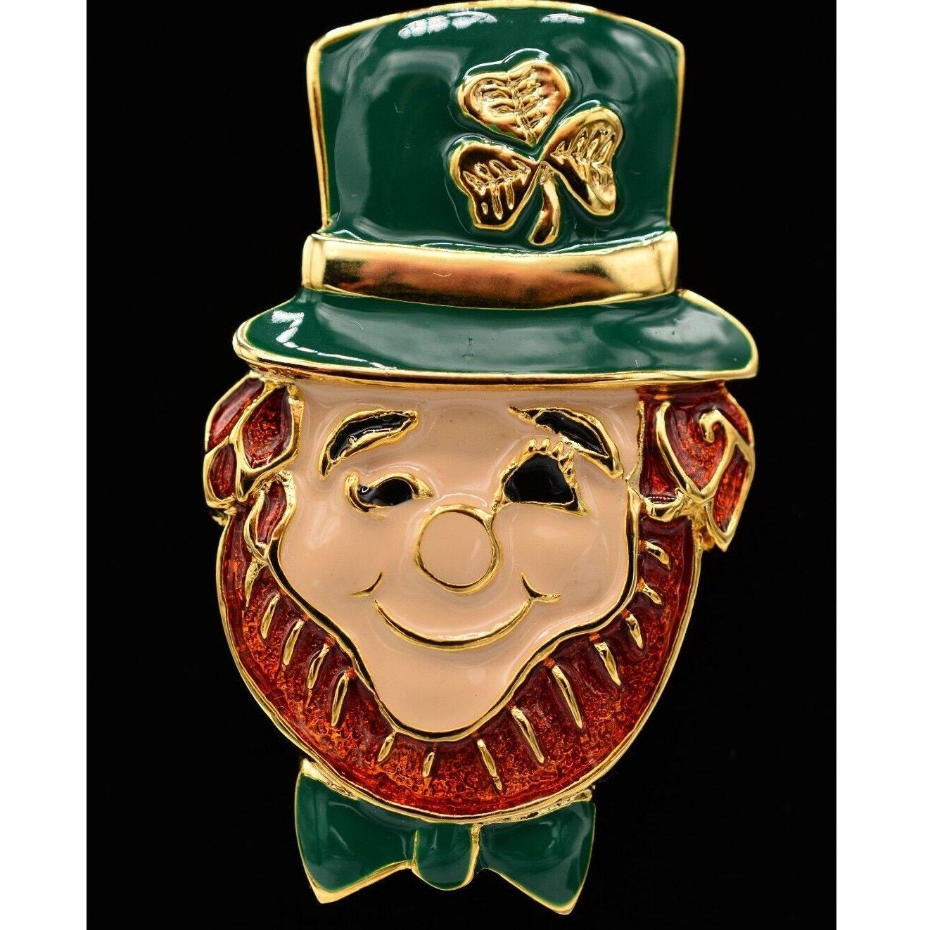 Vintage Leprechaun Shamrock Pin Brooch Green St. Patrick’s NOS 1980s BinA6
