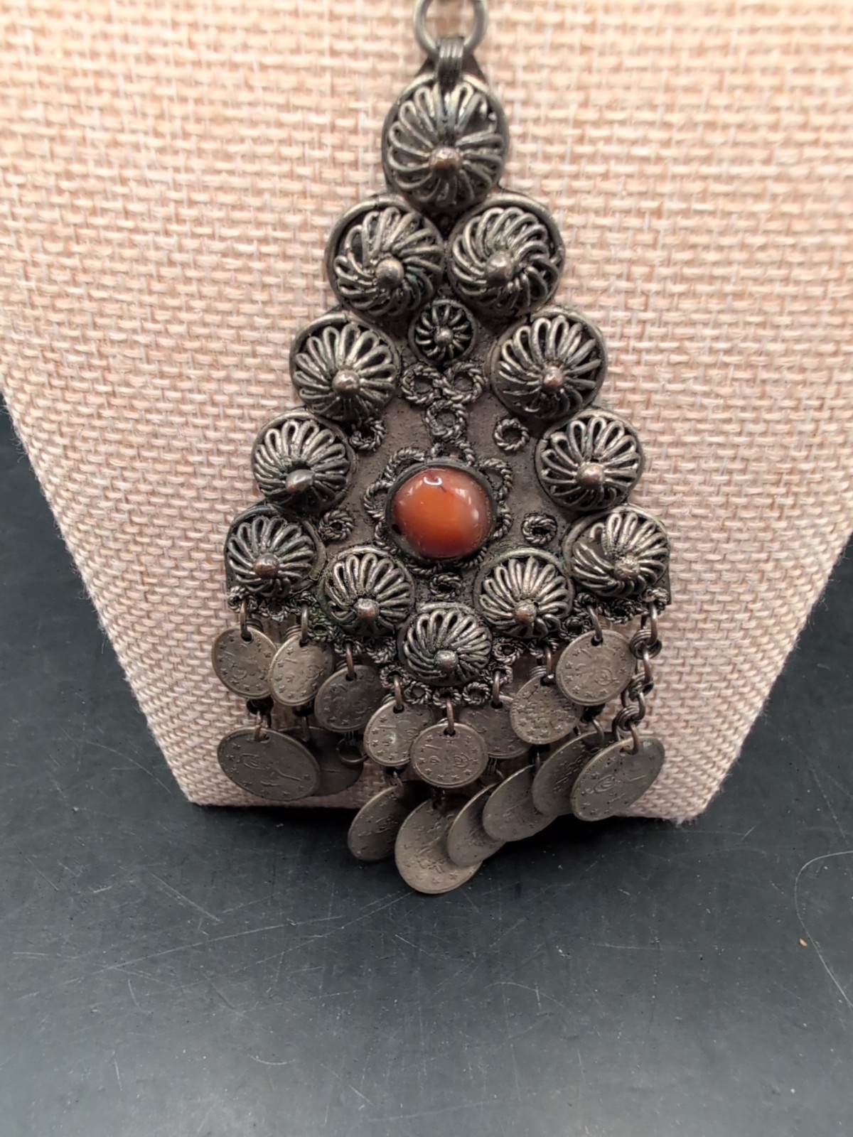 Vintage Tribal Coin Necklace With Glass Stone 24″ Chain