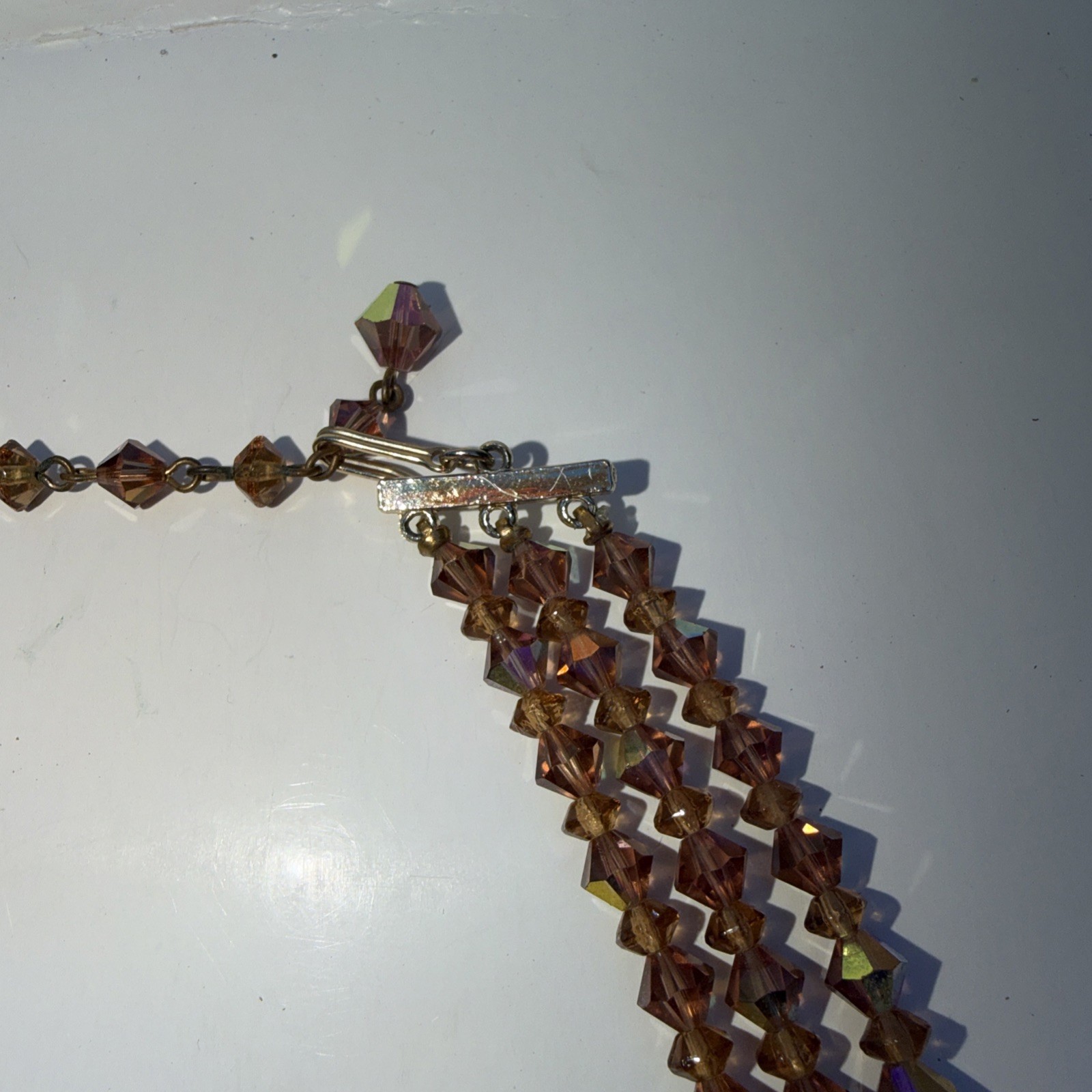 Vintage Graduated Iridescent Three Strand Champagne Bicone Crystal Bead Necklace
