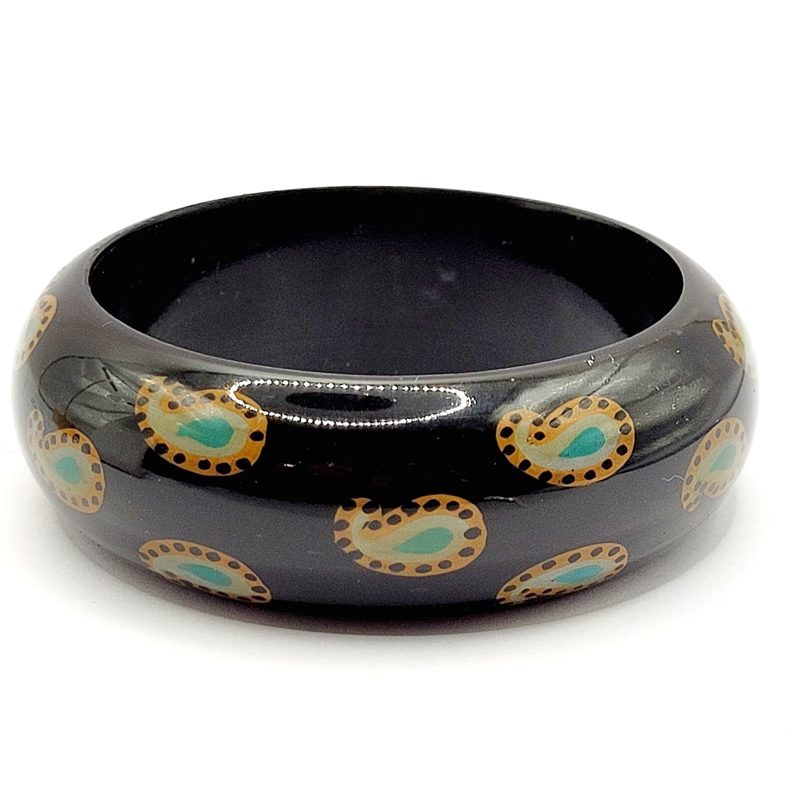 Paisley on Black Vintage Wide Chunky Vintage 1980s Acrylic Bangle Bracelet 8 In