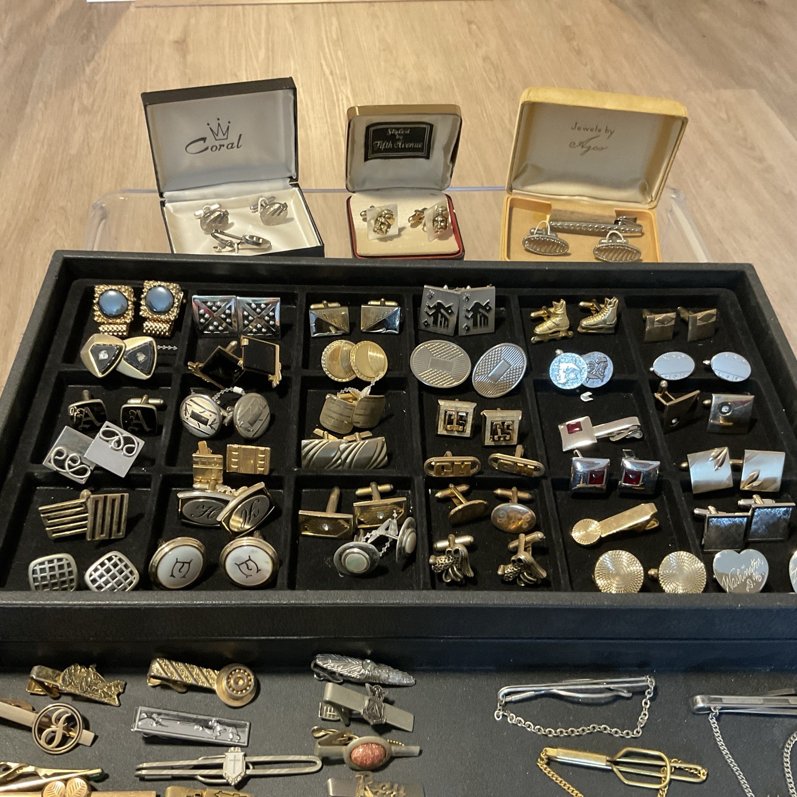 VINTAGE 87 PC MEN’S JEWELRY LOT CUFFLINKS TIE BARS CHAINS, TACS & SETS FREE SHIP