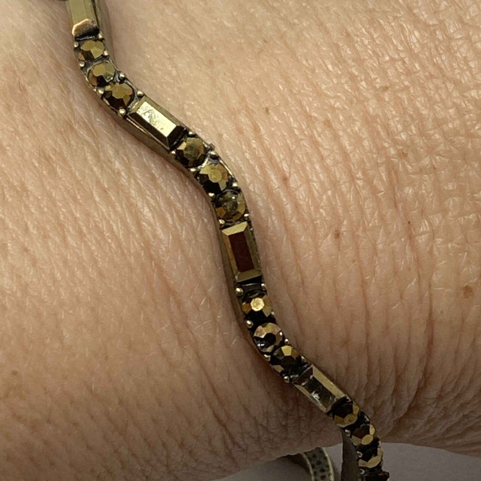 Solid Brass Wavy Bengal Bangle Bracelet w Round and Emerald Cut stones fits 8″